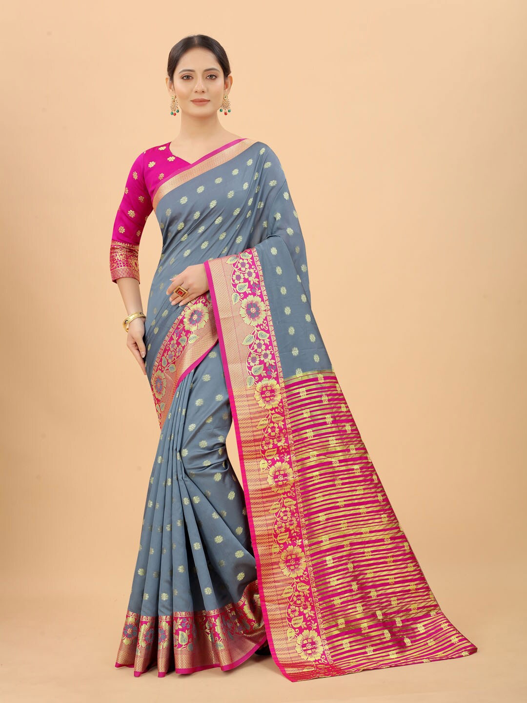 

INDI AVTAAR Grey & Pink Woven Design Zari Silk Cotton Banarasi Saree