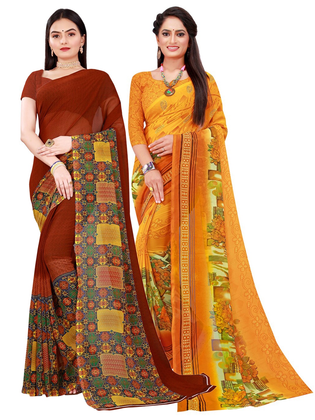 

Florence Brown & Yellow set of 2 Pure Georgette Saree