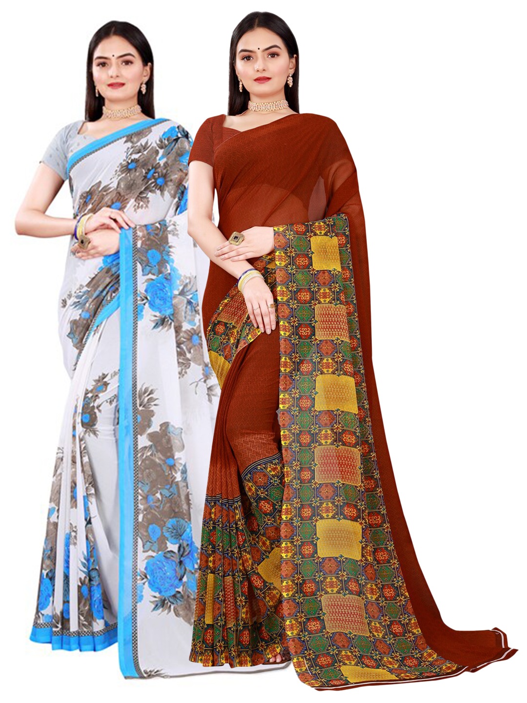 

Florence Brown & White Set of 2 Floral Pure Georgette Saree