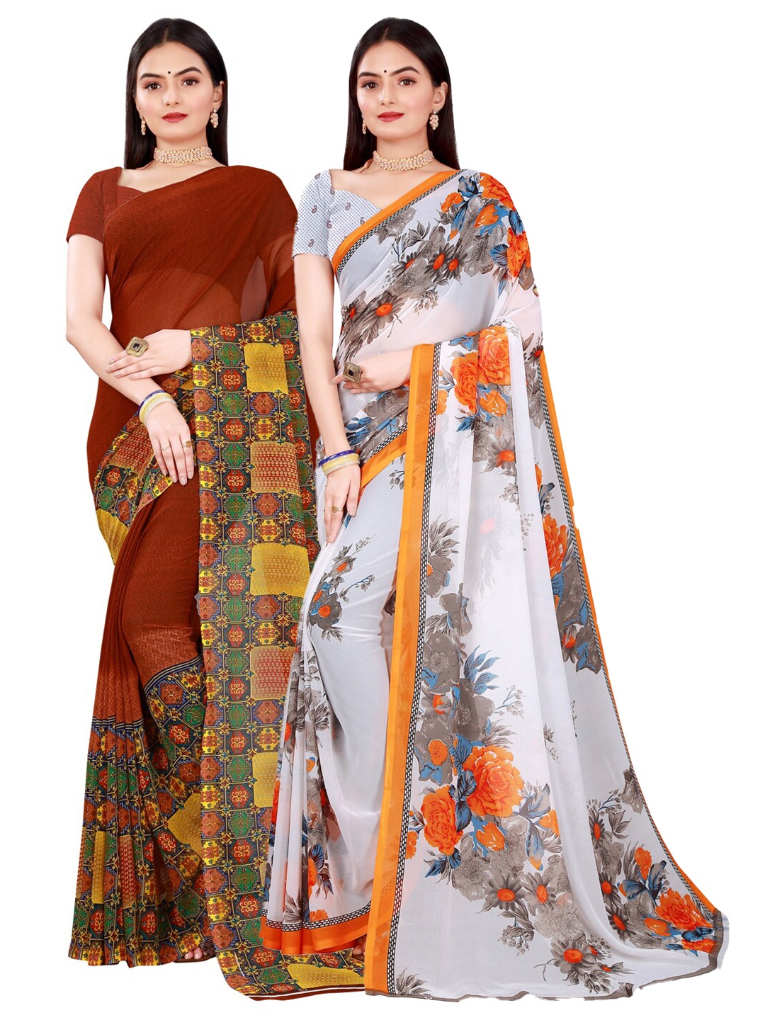 

Florence Brown & White Set of 2 Pure Georgette Saree