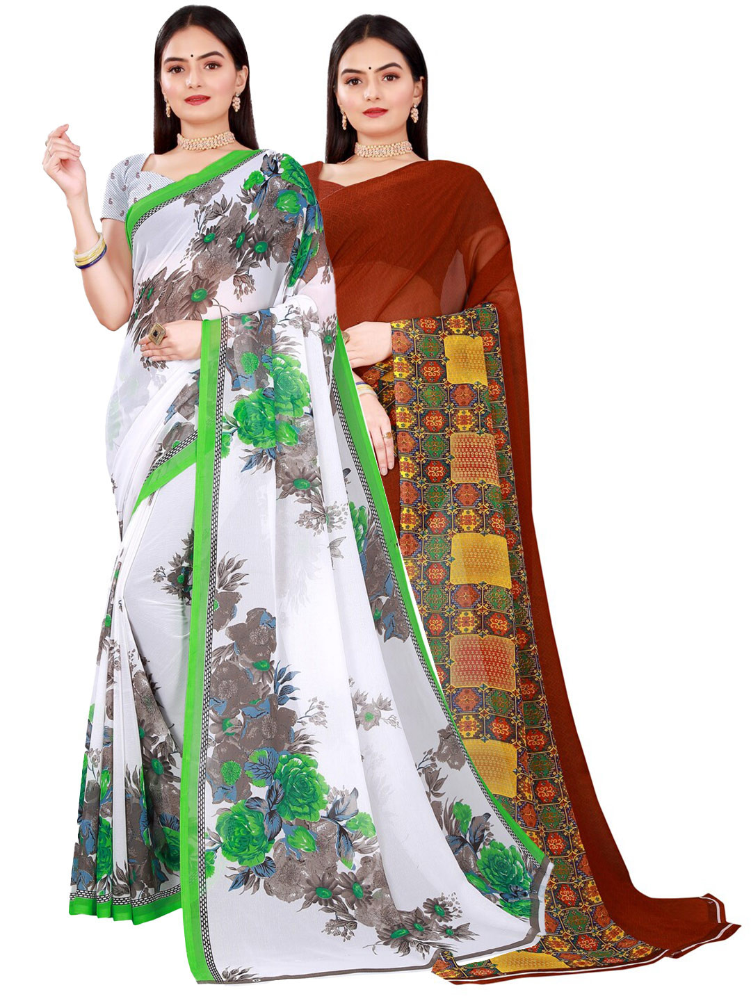 

Florence Brown & White Set of 2 Pure Georgette Saree
