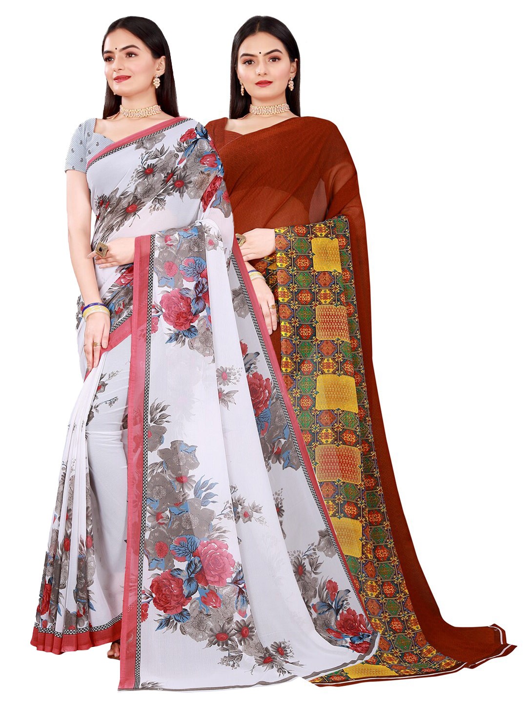 

Florence Brown & White Set of 2 Pure Georgette Saree