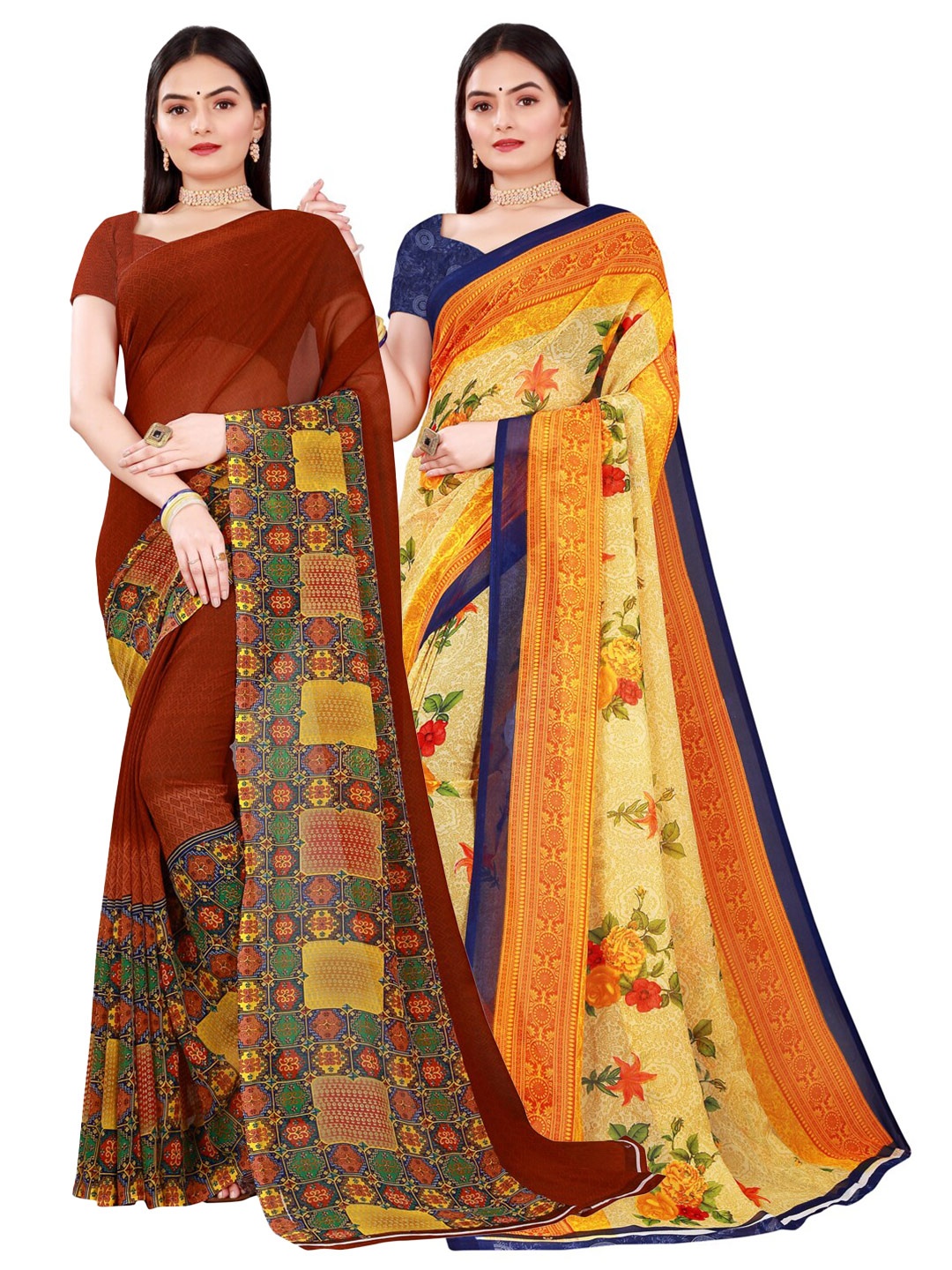 

Florence Yellow & Brown Set of 2 Pure Georgette Saree