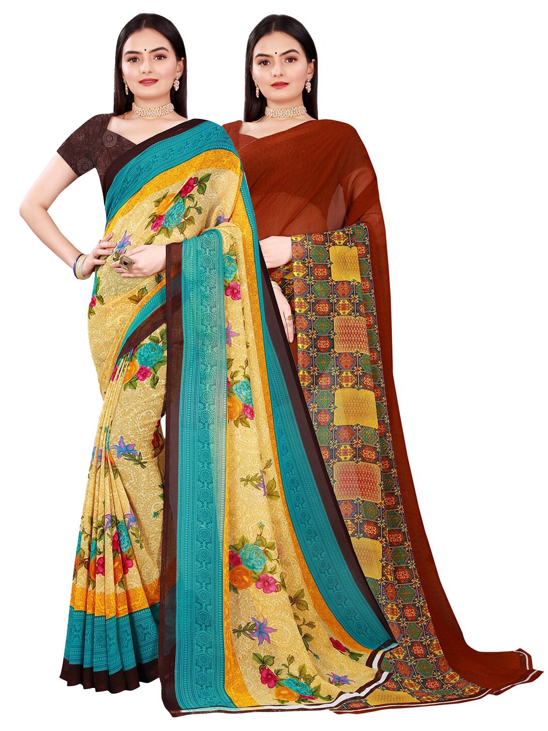 

Florence Yellow & Maroon Set of 2 Pure Georgette Saree