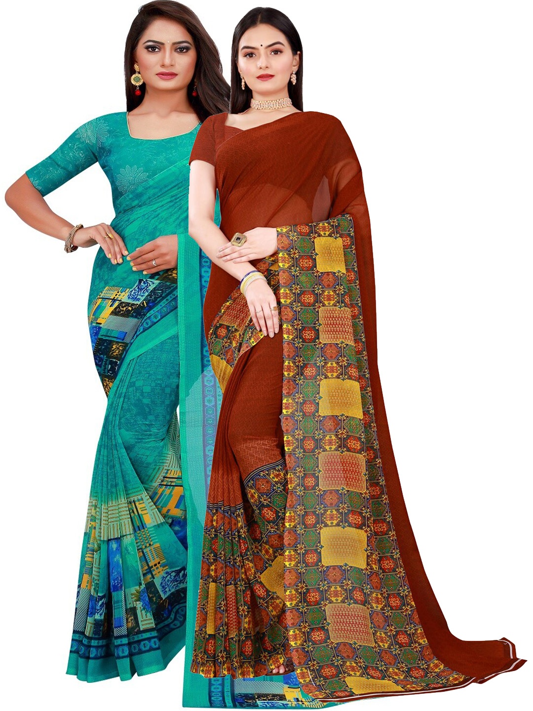 Florence Green & Maroon Set of 2 Pure Georgette Saree