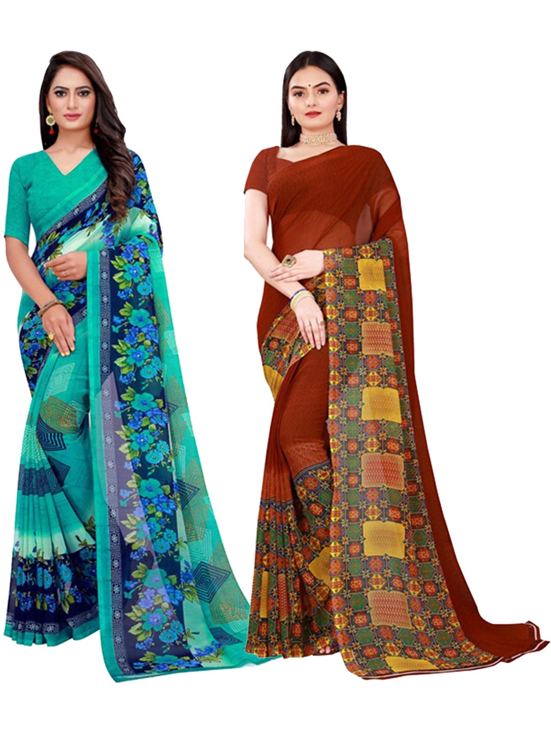 

Florence Green & Maroon Set of 2 Pure Georgette Saree