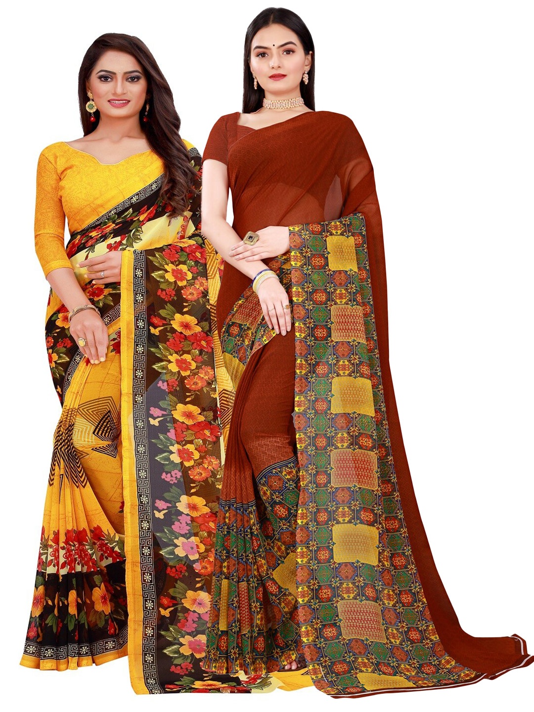 

Florence Yellow & Brown Set of 2 Pure Georgette Saree
