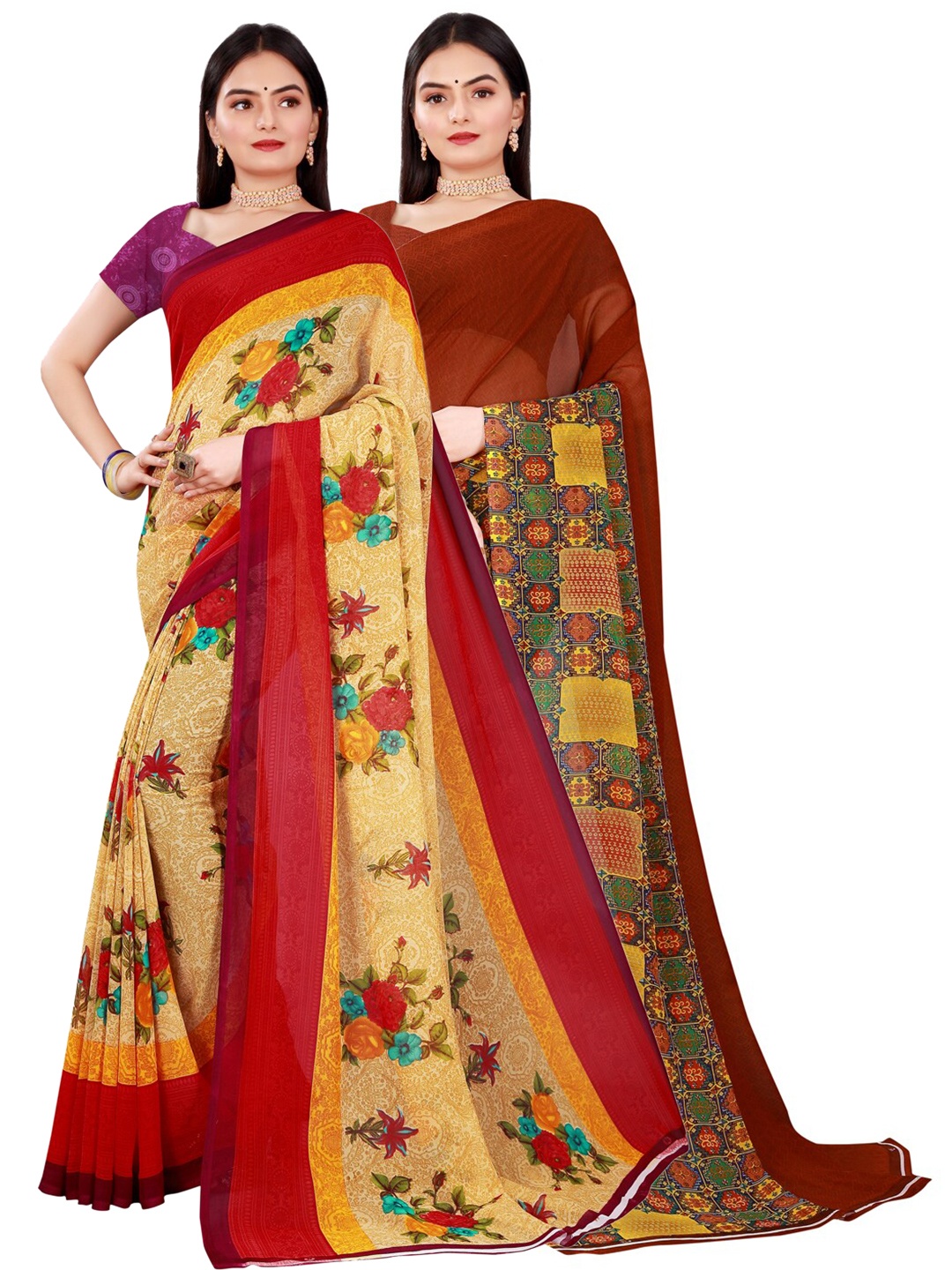 

Florence Beige & Brown Set Of 2 Pure Georgette Saree
