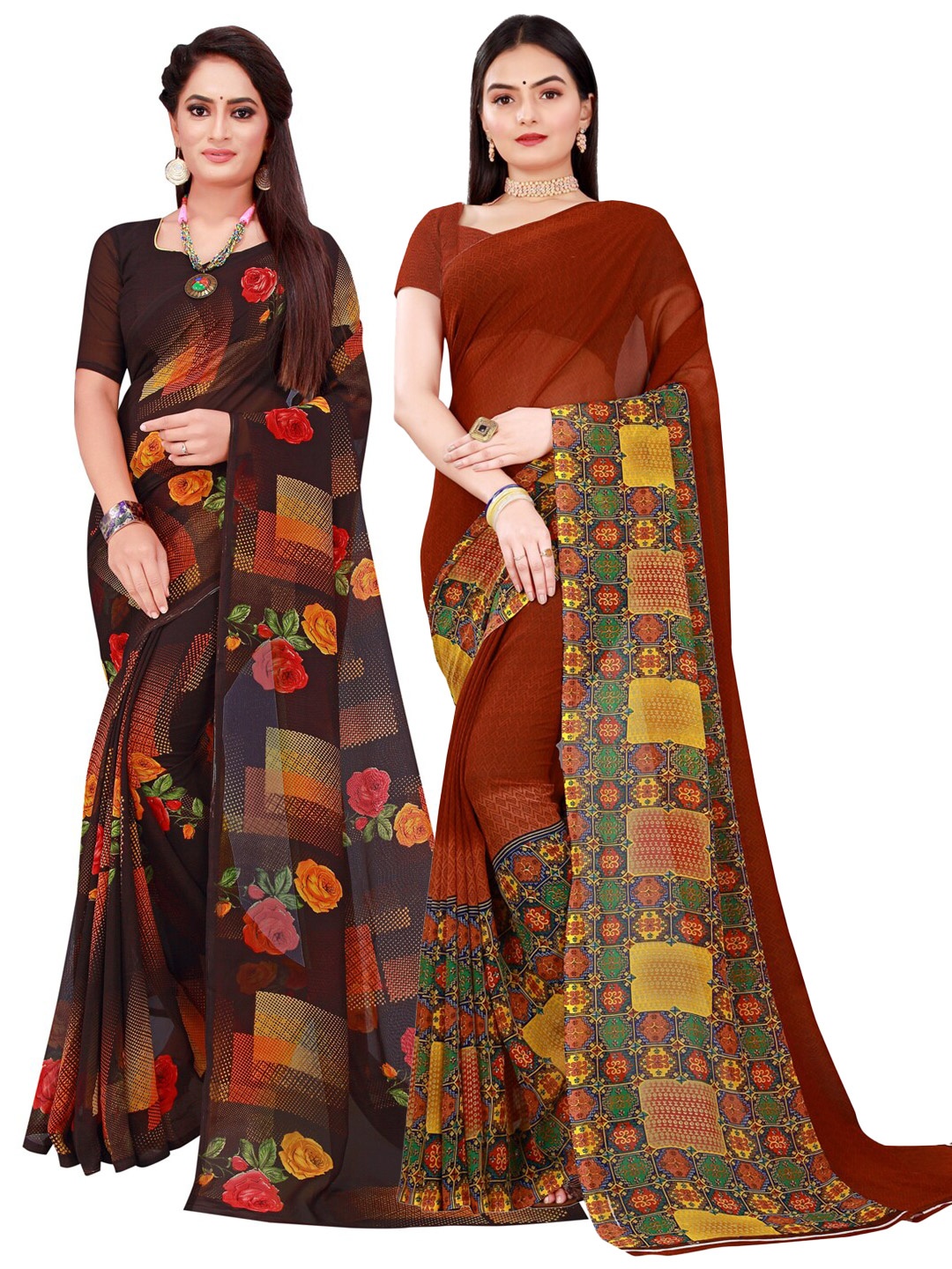 Florence Brown & Coffee Brown Set Of 2 Pure Georgette Saree