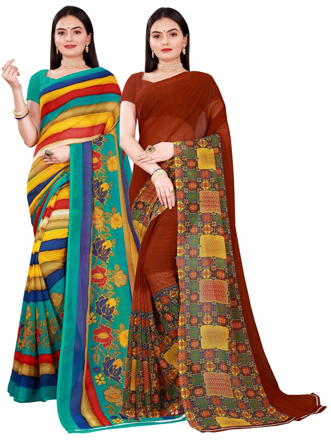 

Florence Brown & Yellow Set Of 2 Pure Georgette Saree