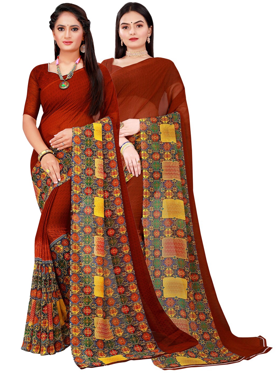 Florence Brown & Yellow Set Of 2 Pure Georgette Saree