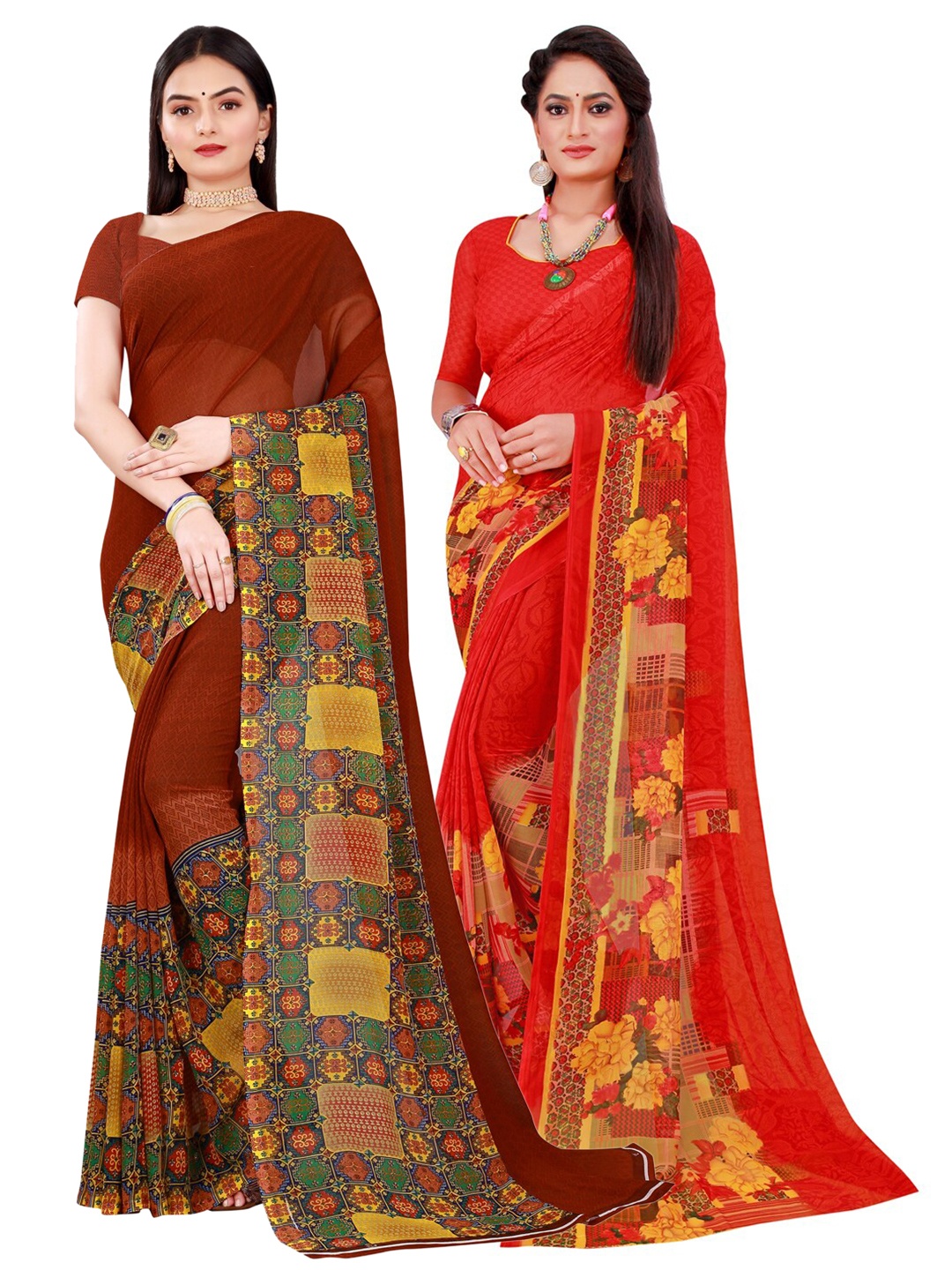 

Florence Brown & Red Set Of 2 Pure Georgette Saree