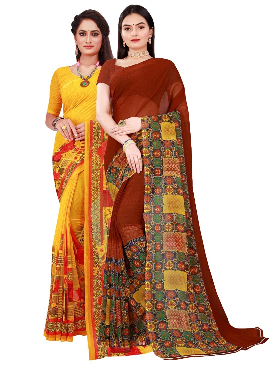 

Florence Yellow & Brown Set Of 2 Pure Georgette Saree