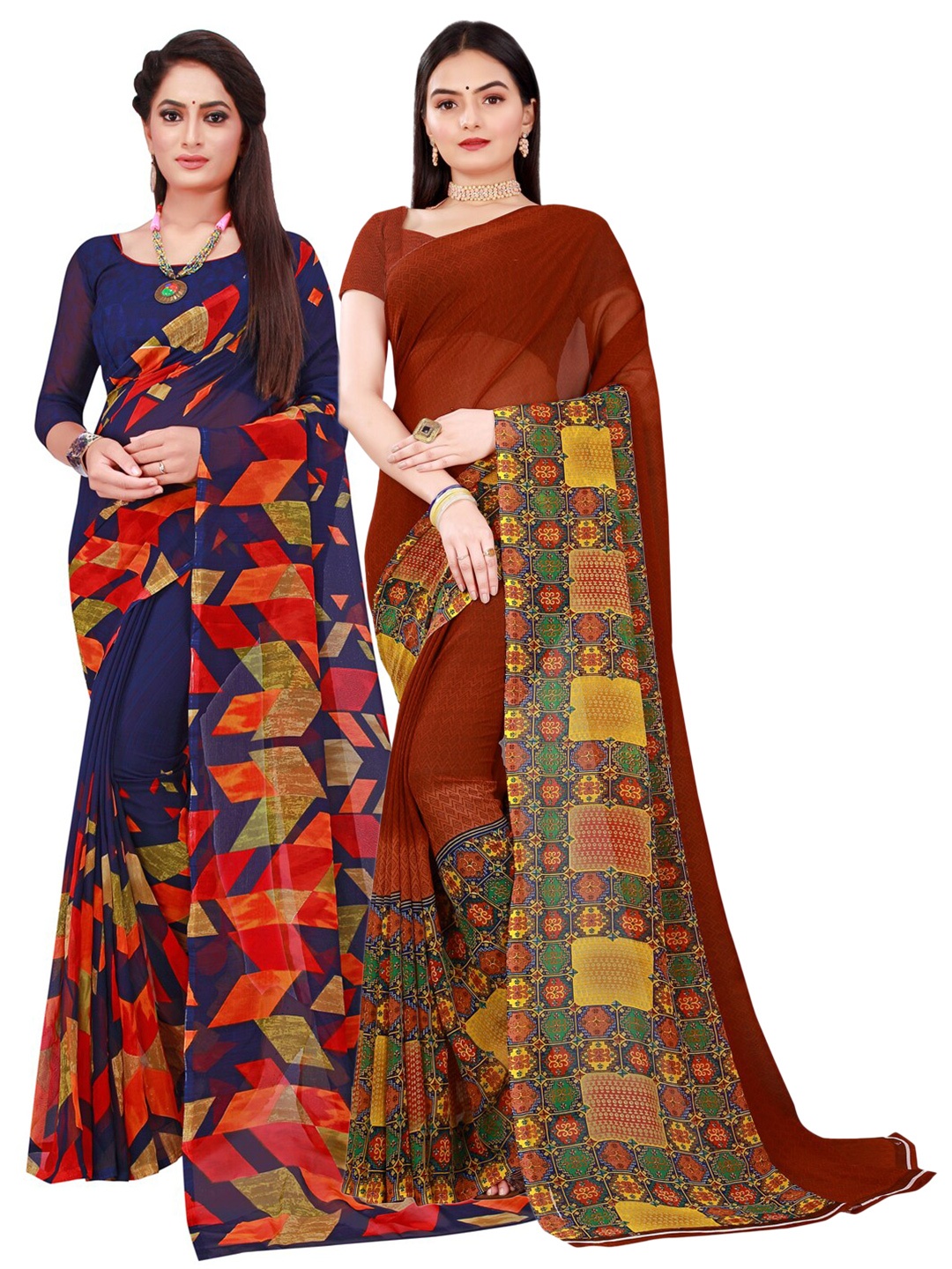 

Florence Navy Blue & Brown Set Of 2 Pure Georgette Saree