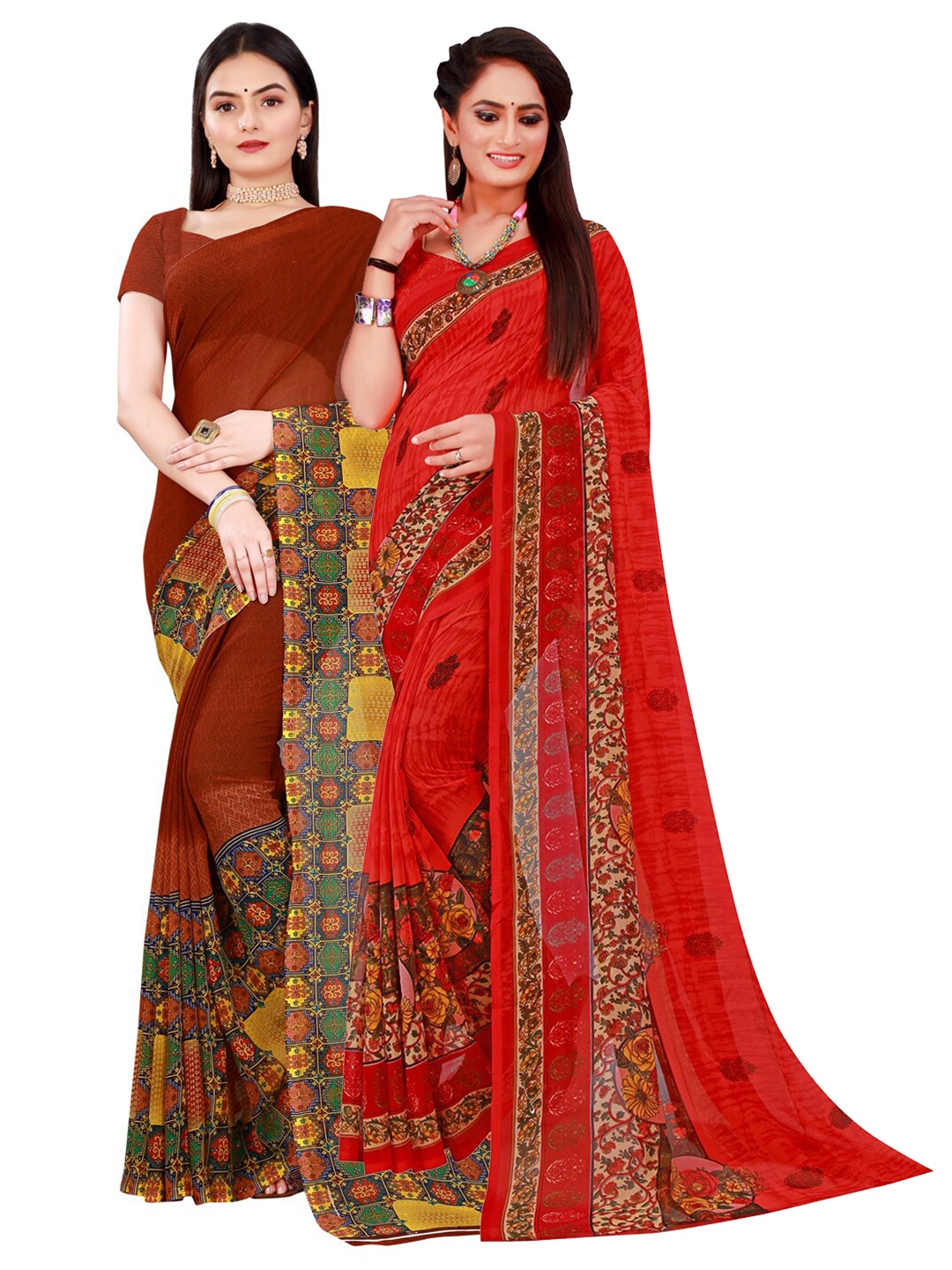 

Florence Brown & Red Set Of 2 Pure Georgette Saree