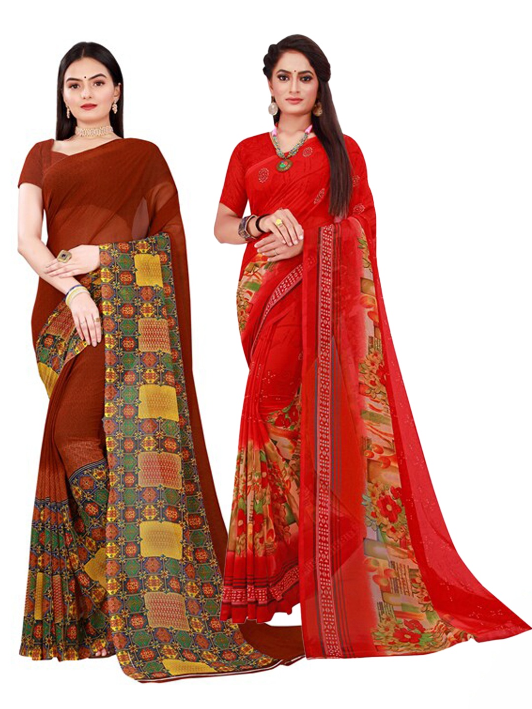 Florence Brown & Red Set Of 2 Floral Pure Georgette Saree