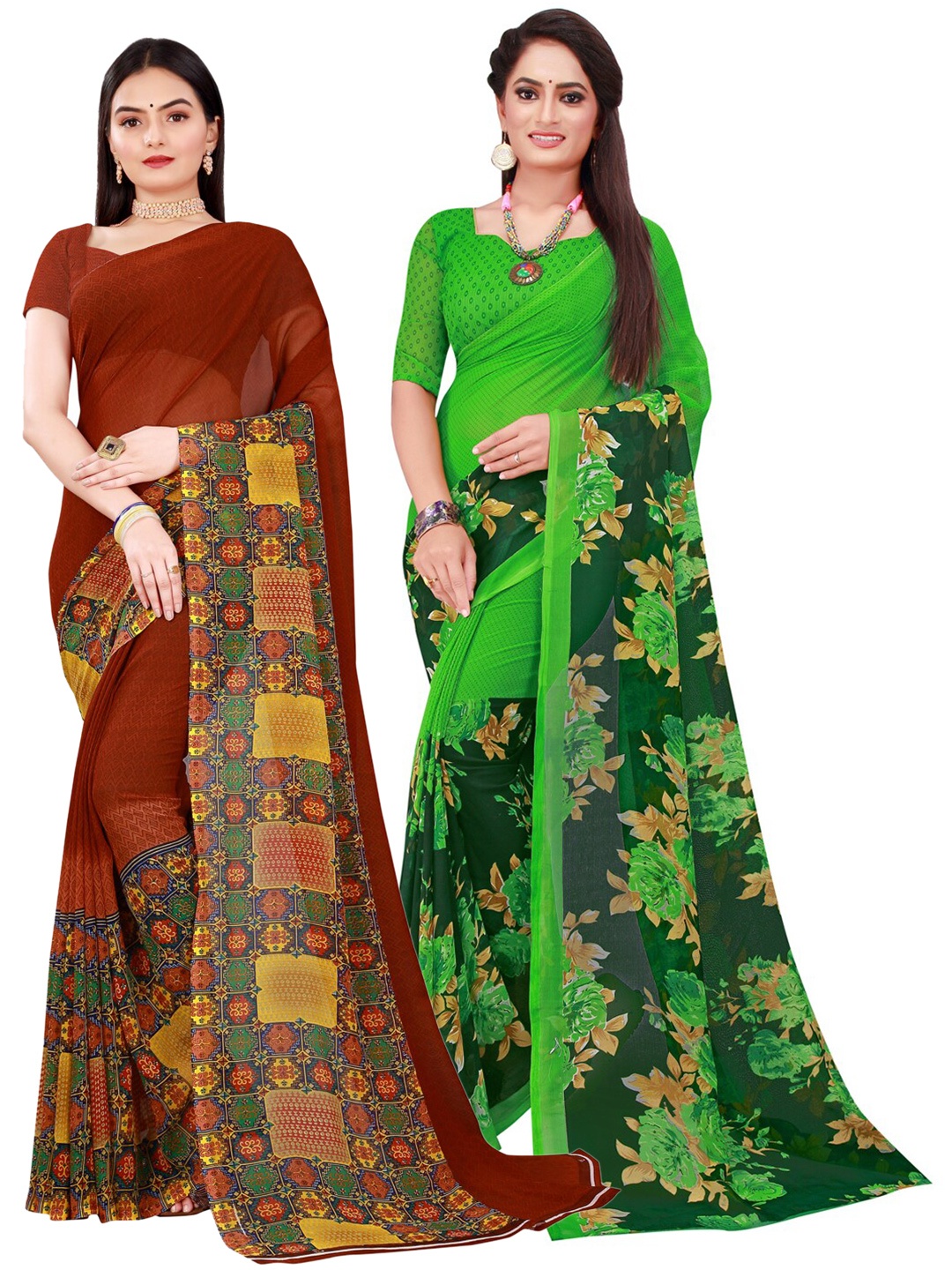 Florence Brown & Green Set Of 2 Floral Pure Georgette Saree