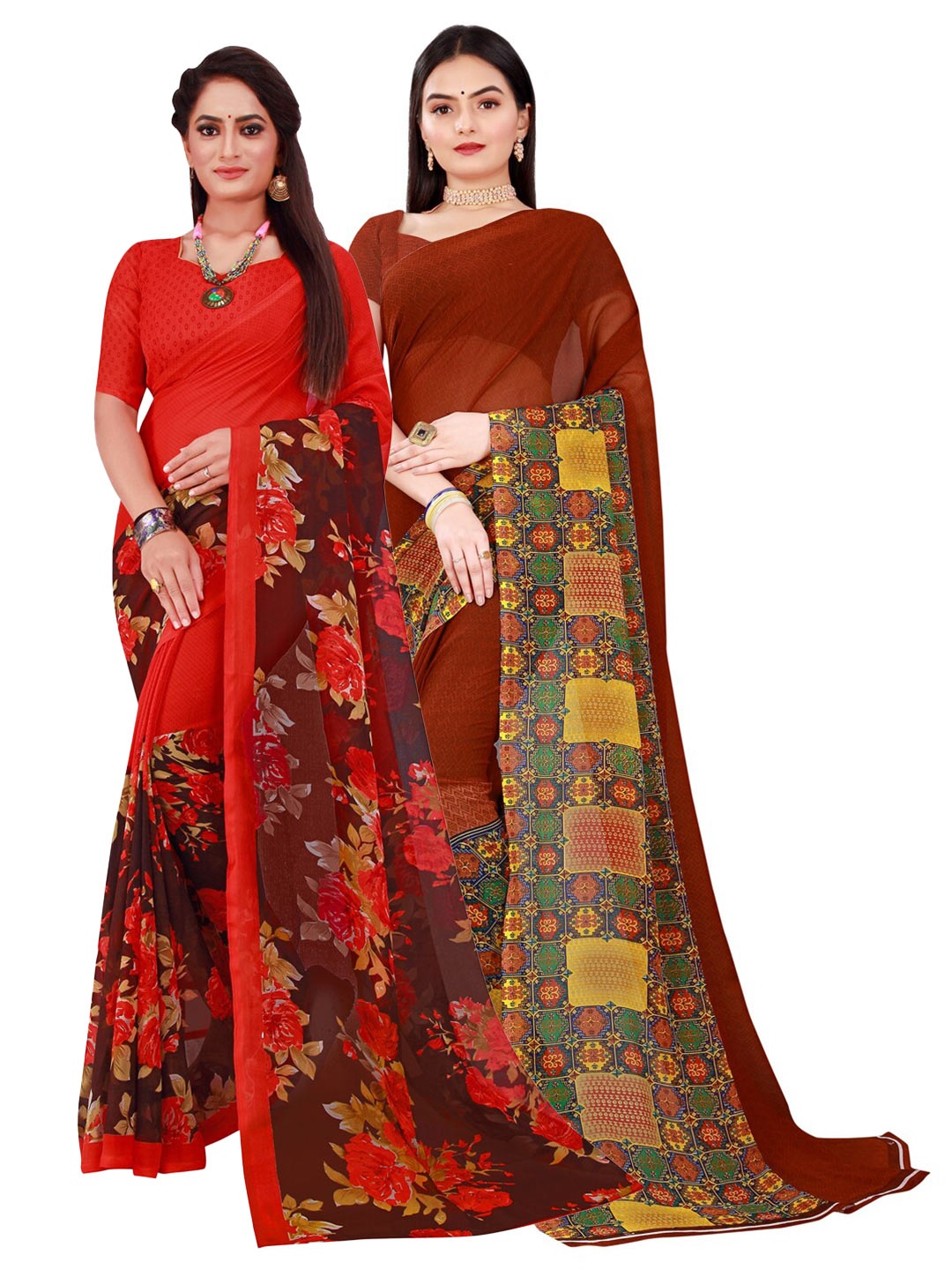 

Florence Brown & Red Set Of 2 Pure Georgette Saree