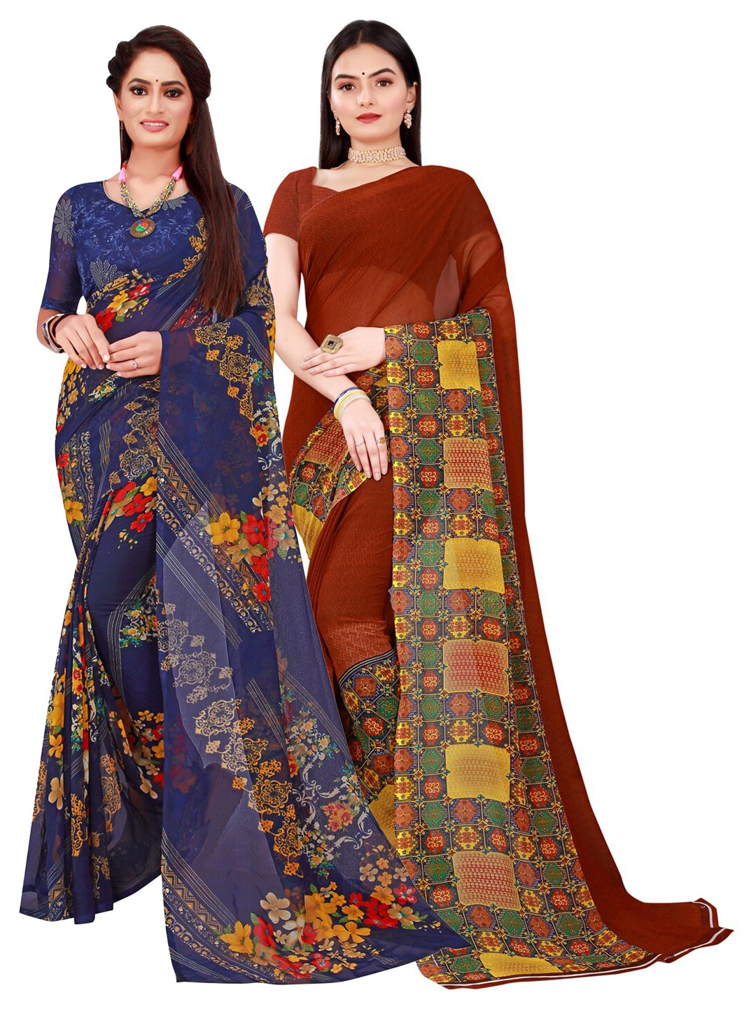 

Florence Brown & Navy Blue Set Of 2 Floral Pure Georgette Saree