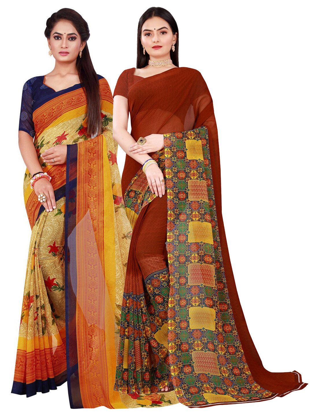 

Florence Brown & Yellow Set Of 2 Pure Georgette Saree