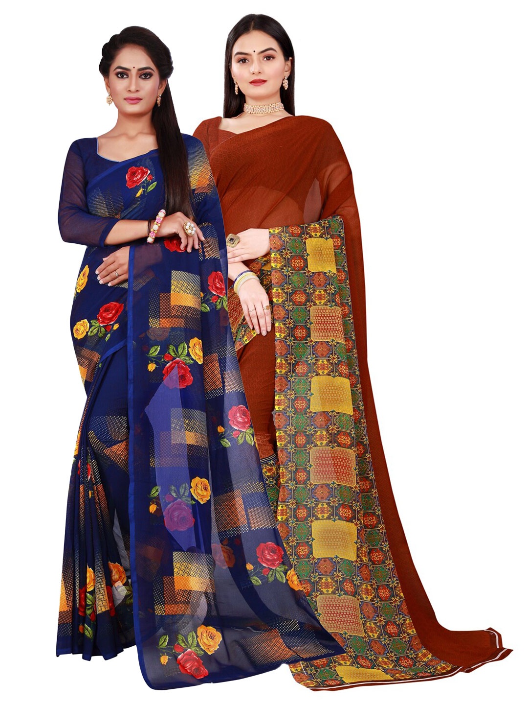 Florence Brown & Navy Set Of 2 Blue Floral Pure Georgette Saree