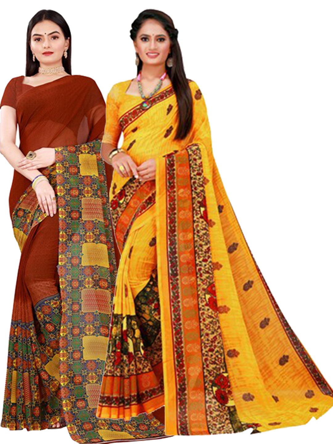 Florence Brown & Yellow Set Of 2 Pure Georgette Saree