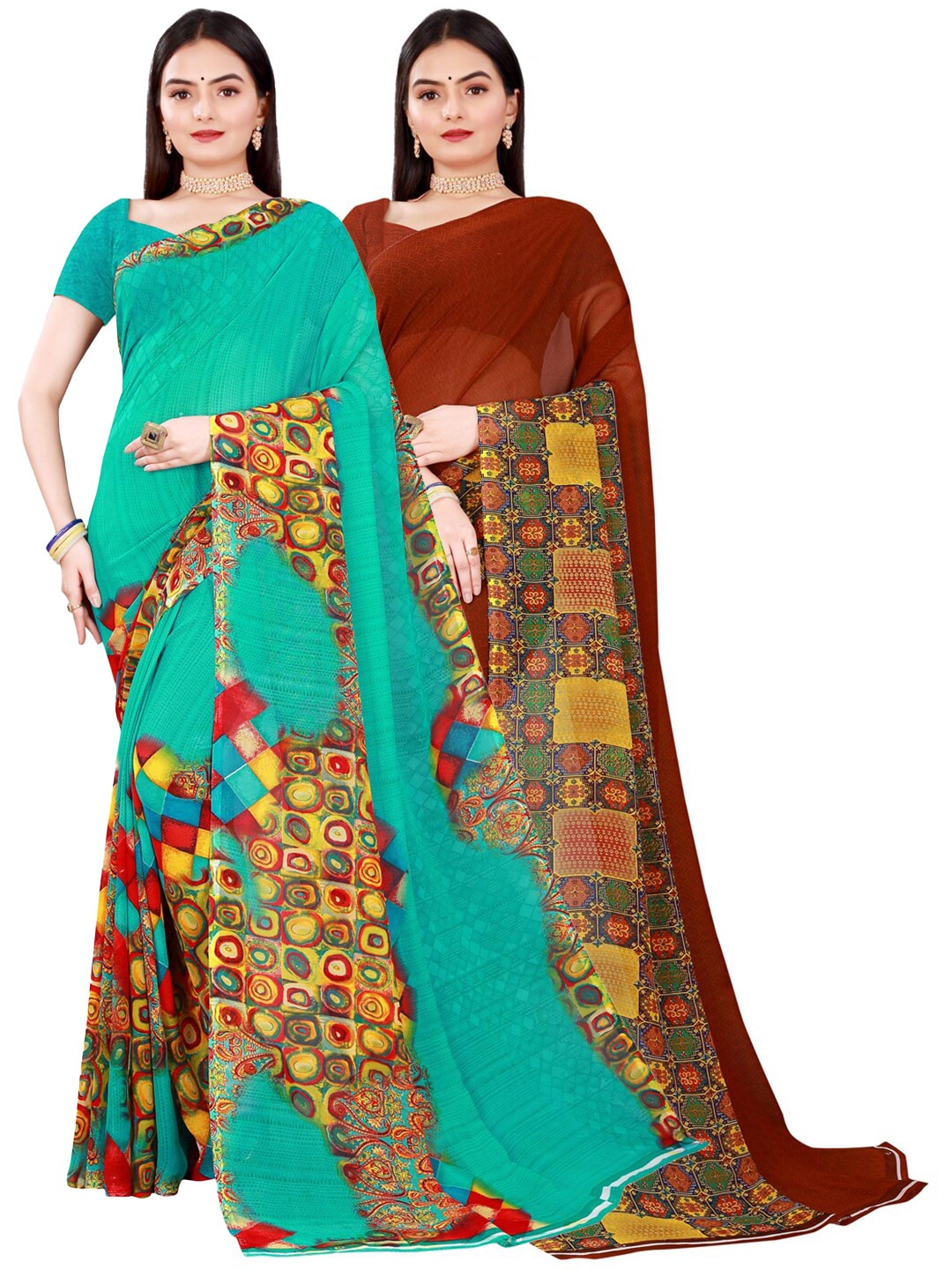 

Florence Brown & Sea Green Set Of 2 Pure Georgette Saree