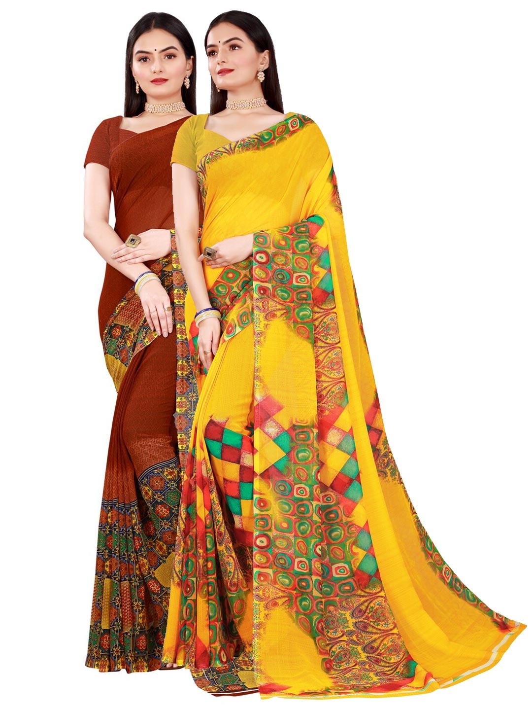 

Florence Brown & Yellow Pack Of 2 Pure Georgette Saree
