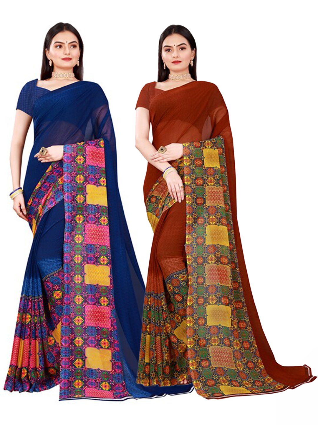 

Florence Brown & Navy Blue Pack Of 2 Pure Georgette Saree