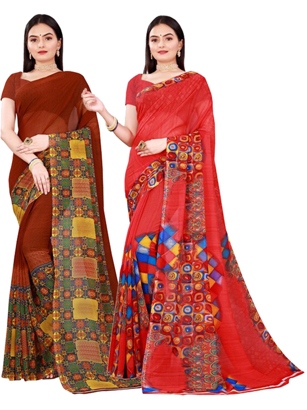 

Florence Brown & Red Pack Of 2 Pure Georgette Saree