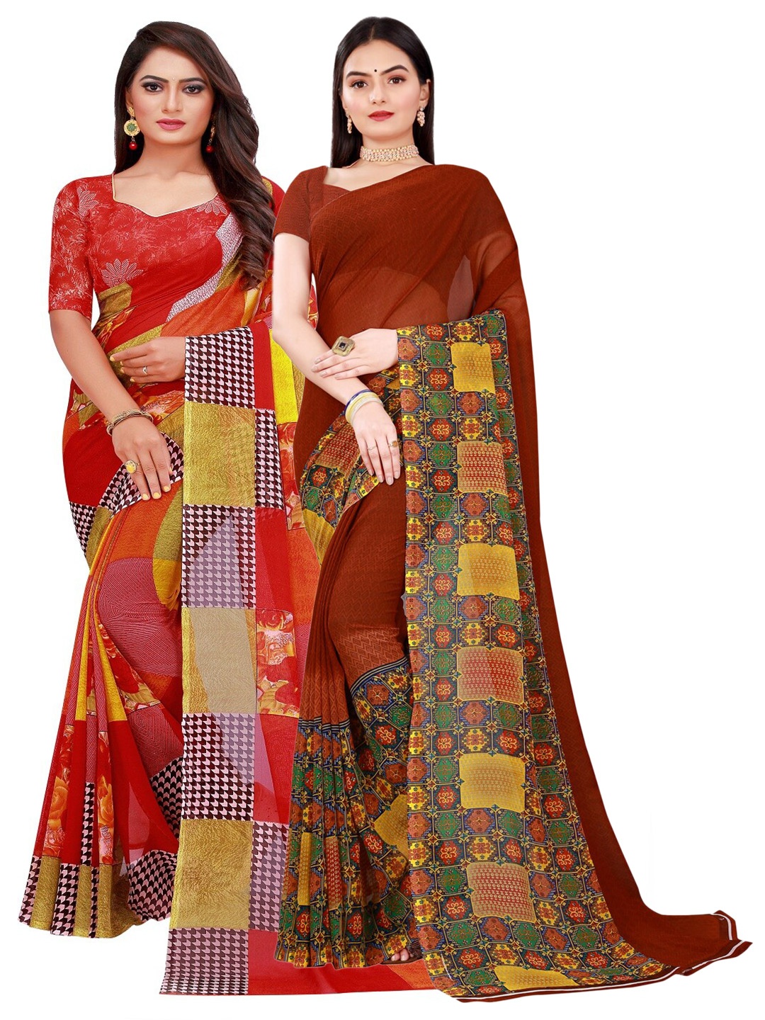 

Florence Brown & Red Pack Of 2 Pure Georgette Saree
