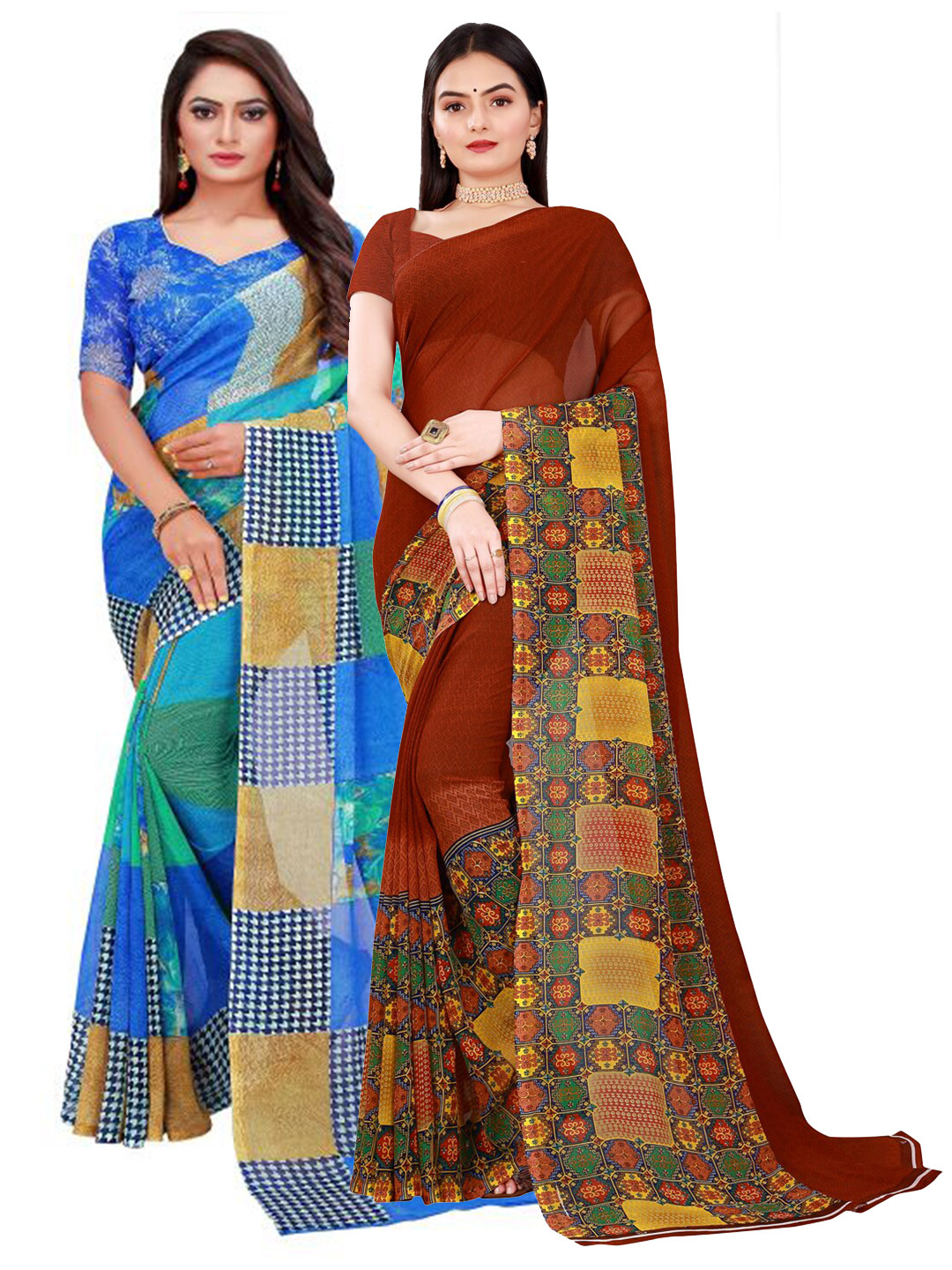 

Florence Blue & Brown Pack Of 2 Pure Georgette Saree