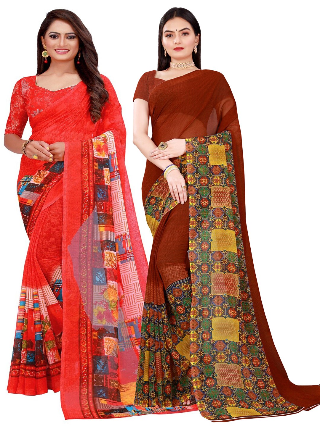 

Florence Brown & Red Pack Of 2 Pure Georgette Saree