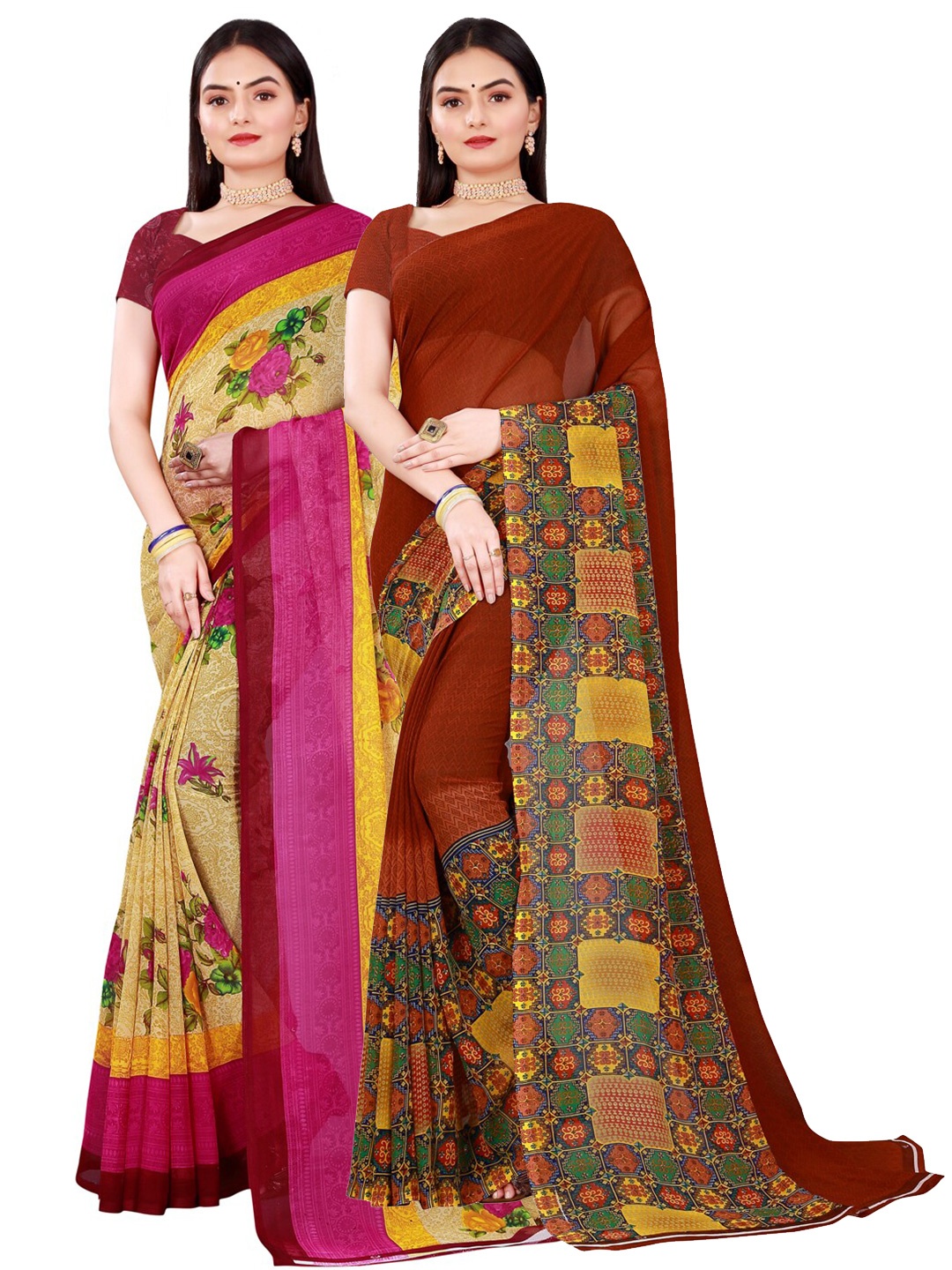 

Florence Beige & Brown Pack Of 2 Pure Georgette Saree