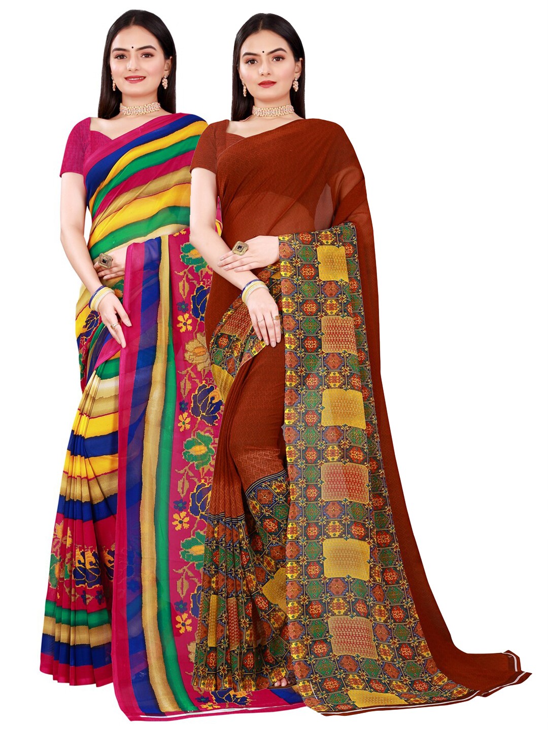

Florence Brown & Yellow Pack Of 2 Pure Georgette Saree