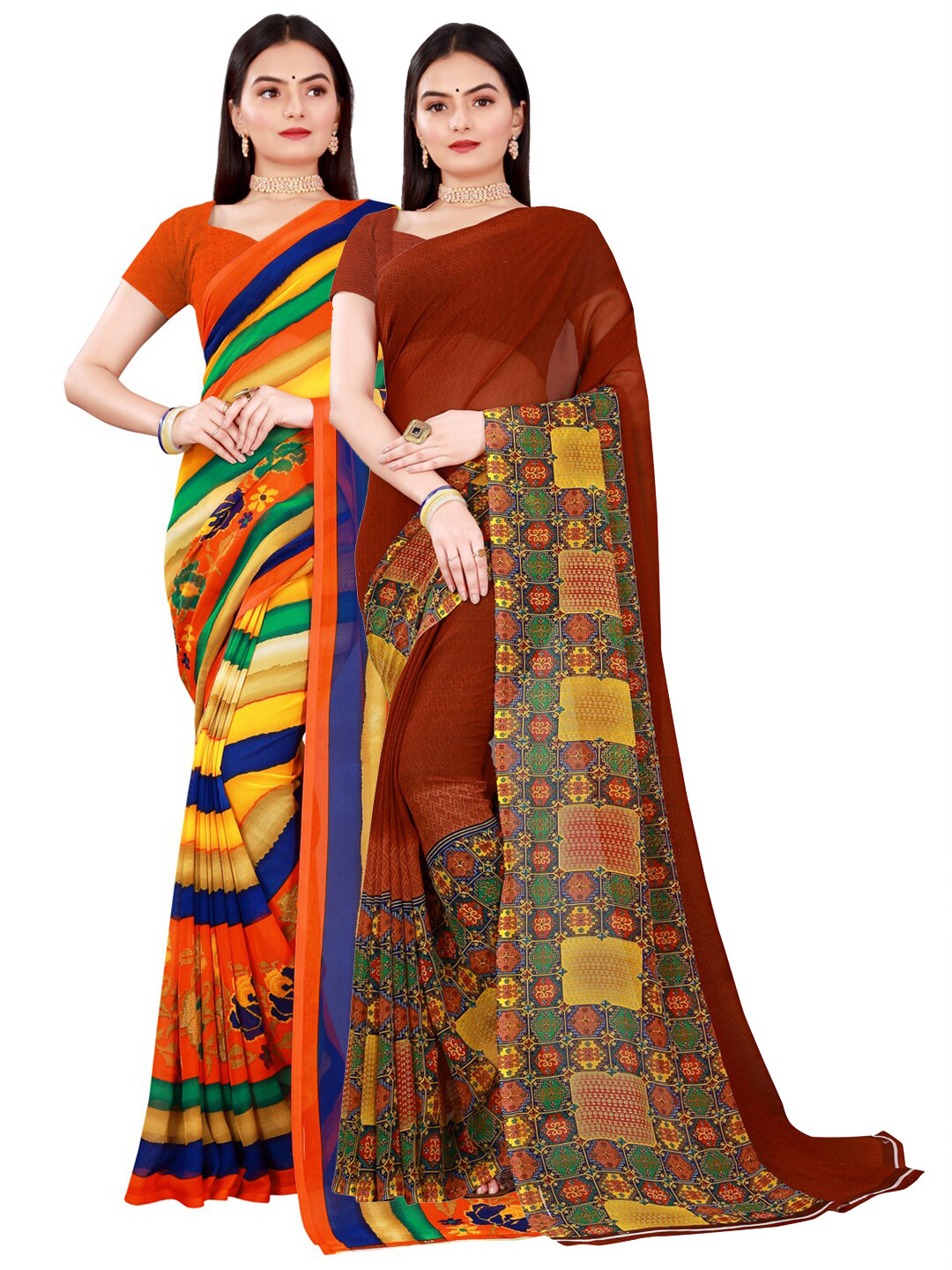 

Florence Yellow & Brown Pack Of 2 Pure Georgette Saree