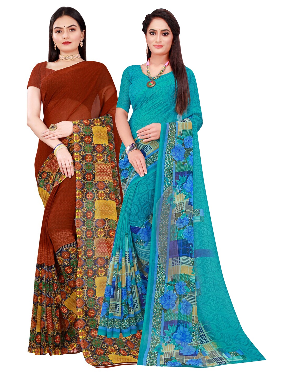

Florence Brown & Turquoise Blue Floral Pack Of 2 Pure Georgette Saree