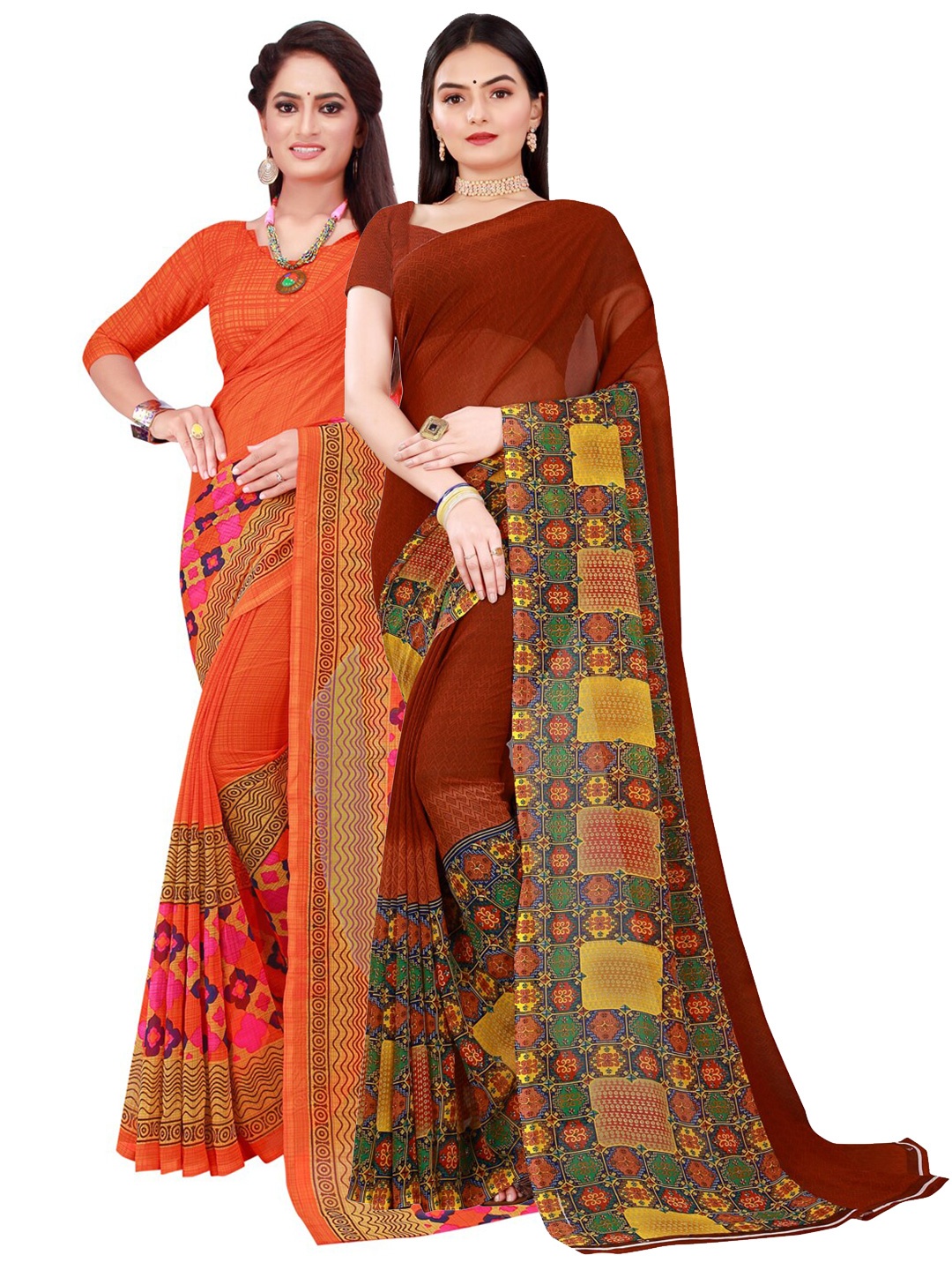 Florence Orange & Brown Pack Of 2 Pure Georgette Saree