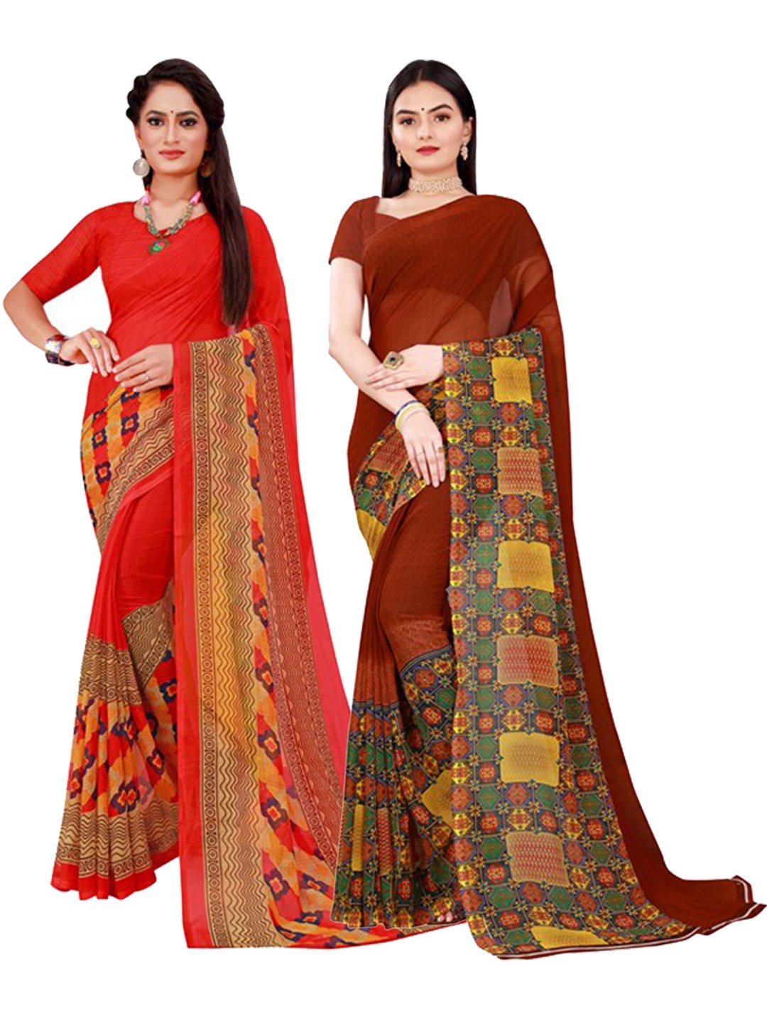 Florence Red & Brown Pack Of 2 Pure Georgette Saree