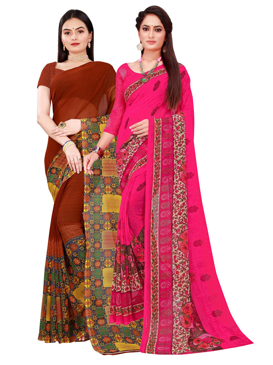 

Florence Brown & Magenta Floral Pack Of 2 Pure Georgette Saree