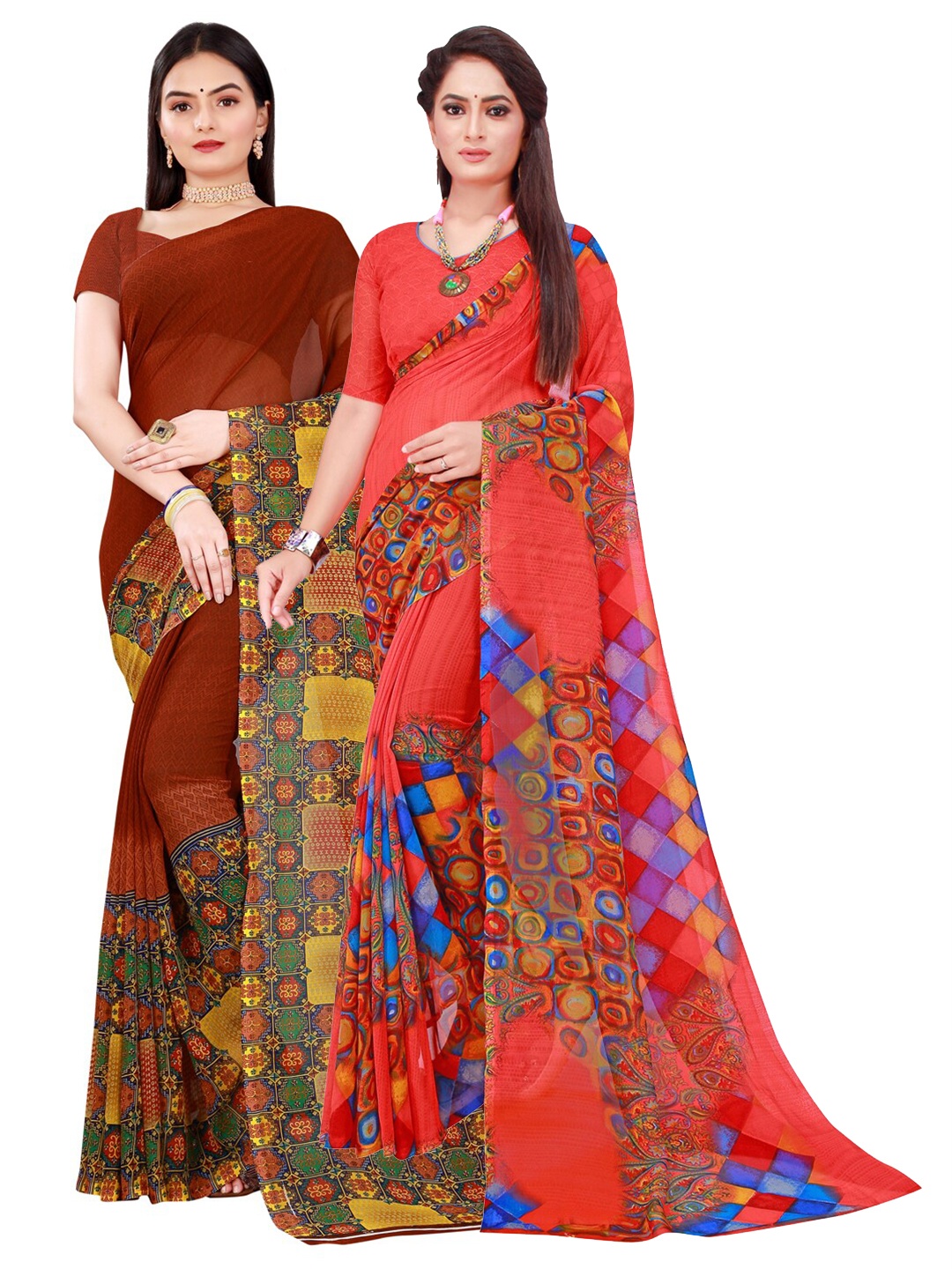 Florence Brown & Rust Pack Of 2 Pure Georgette Saree