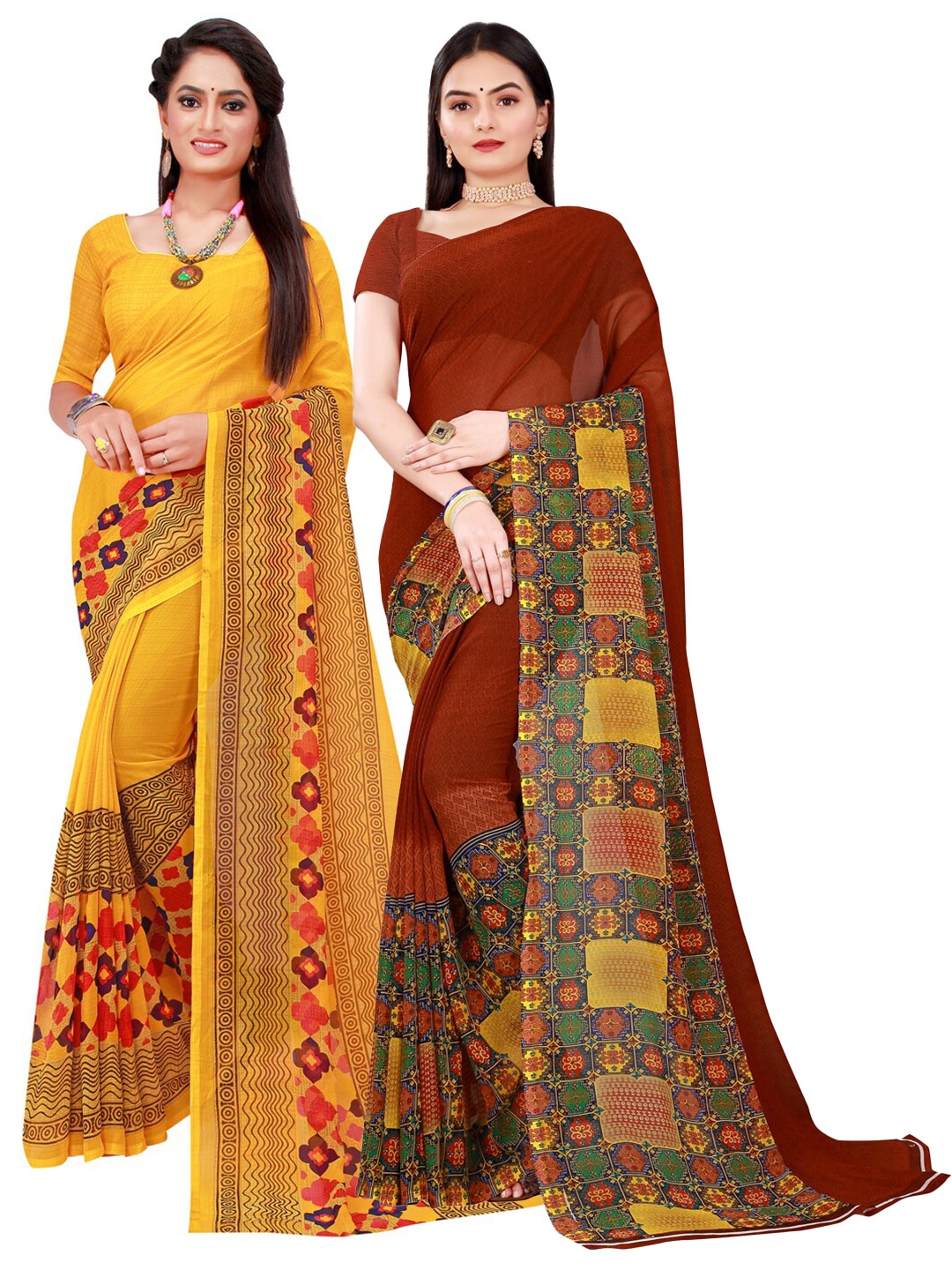 

Florence Yellow & Brown Pack Of 2 Pure Georgette Saree