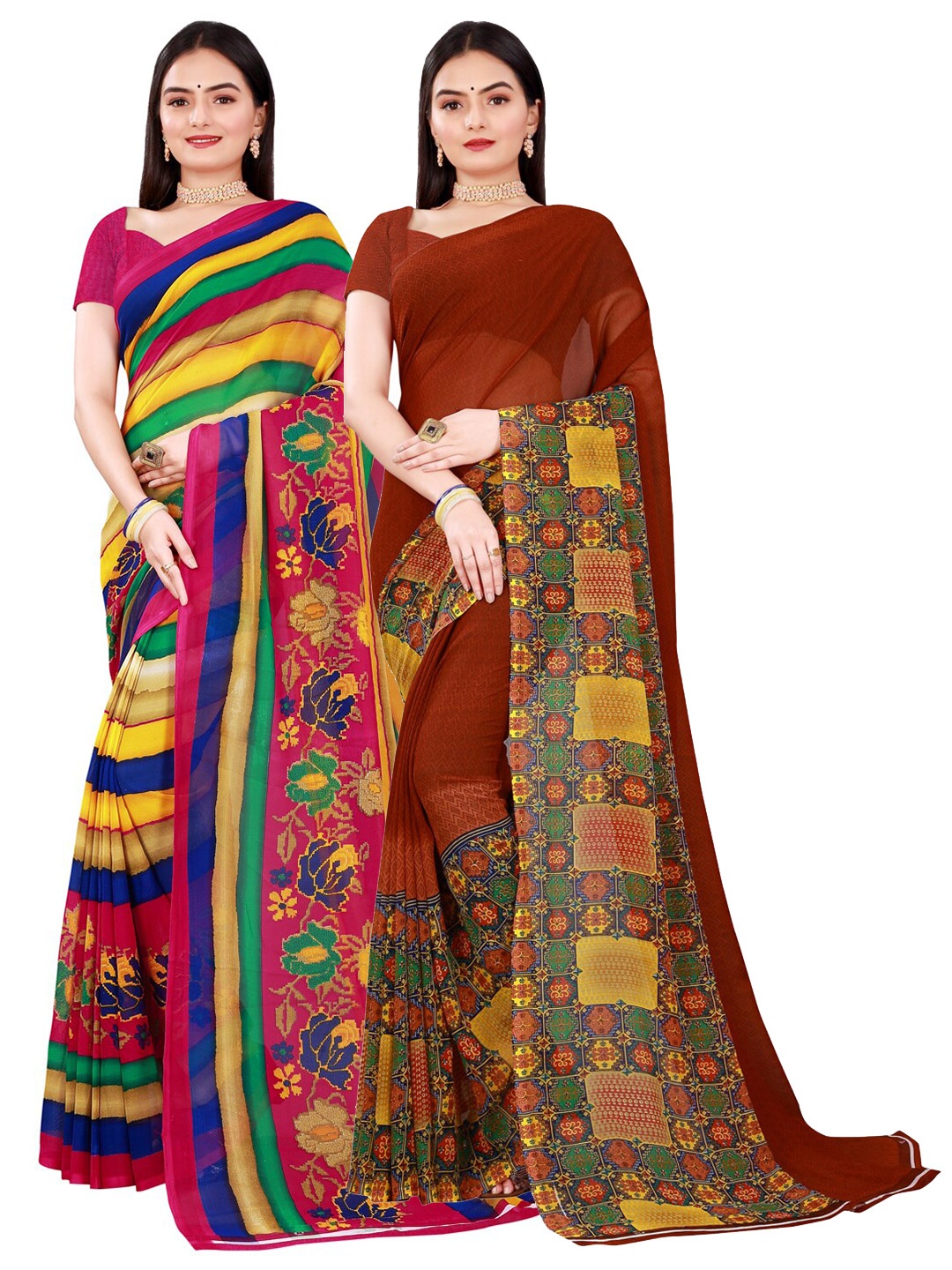 

KALINI Pack of 2 Brown & Pink Pure Georgette Saree