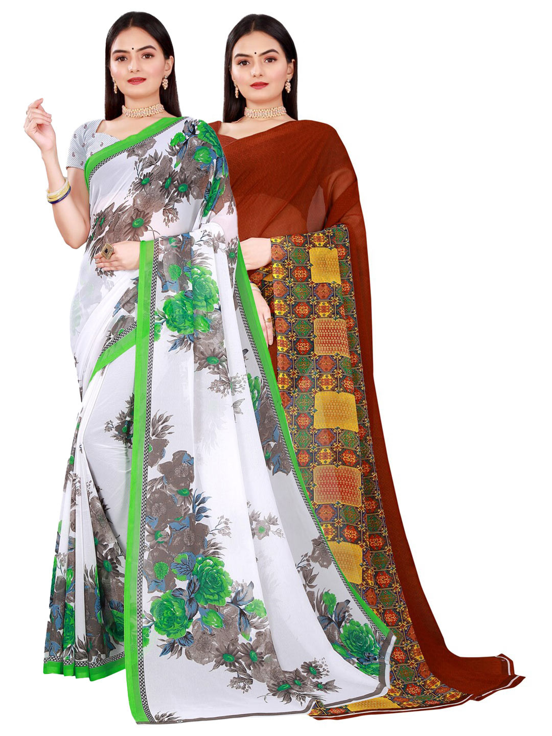 

KALINI Brown & White Floral Pack Of 2 Pure Georgette Saree