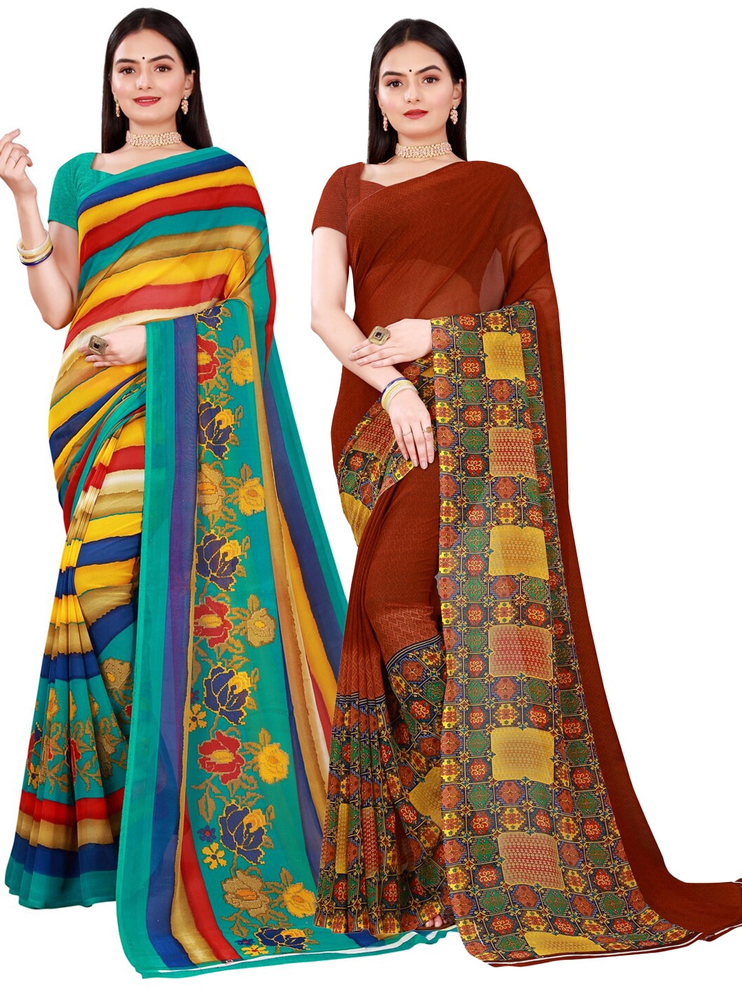

KALINI Pack of 2 Brown & Blue Pure Georgette Saree