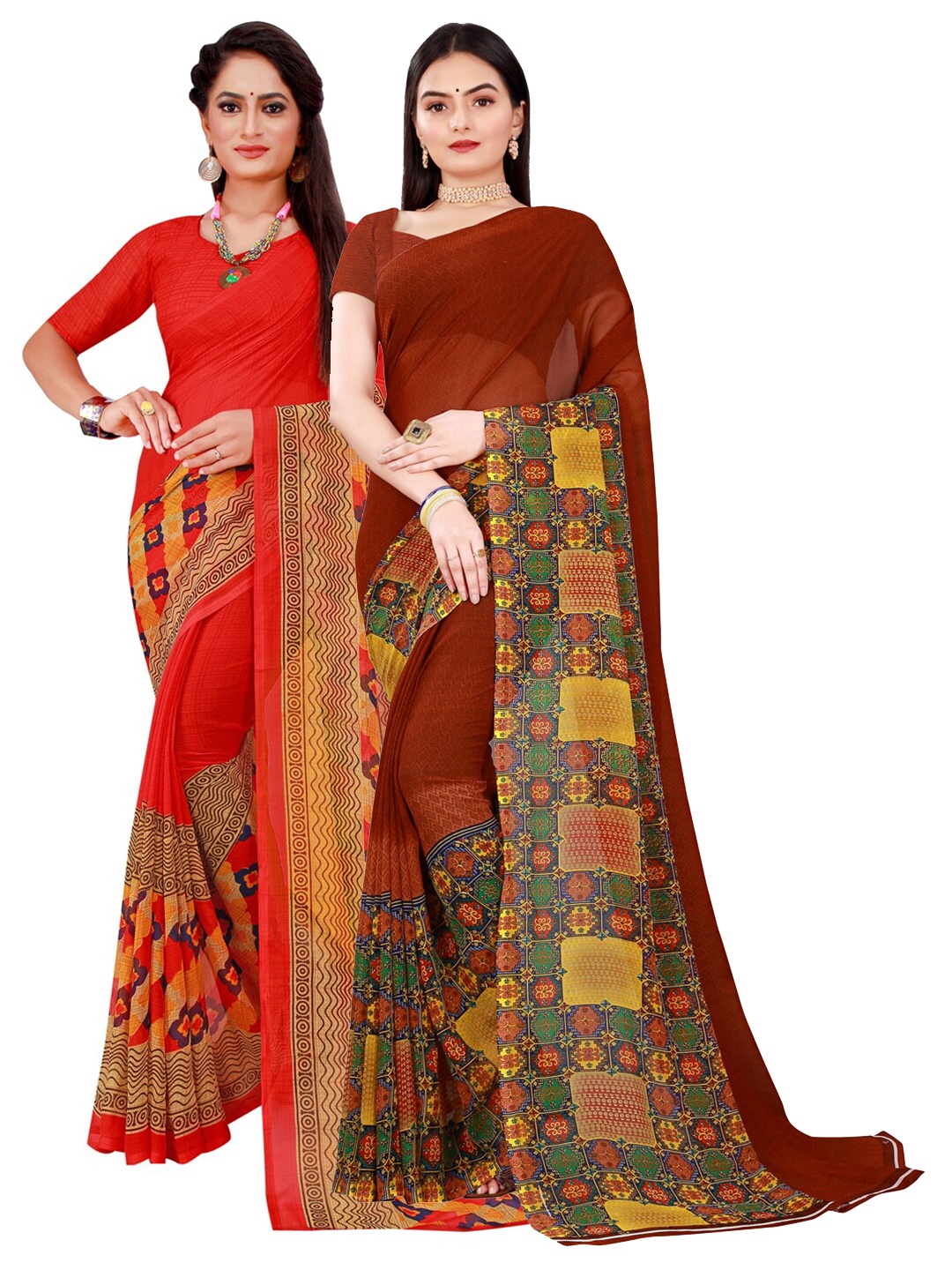 

KALINI Red & Brown Pure Georgette Saree