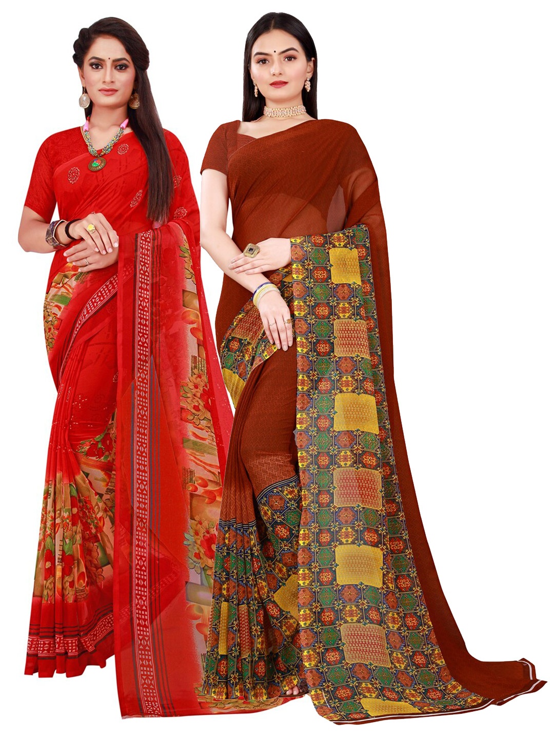 

KALINI Brown & Red Pure Georgette Saree