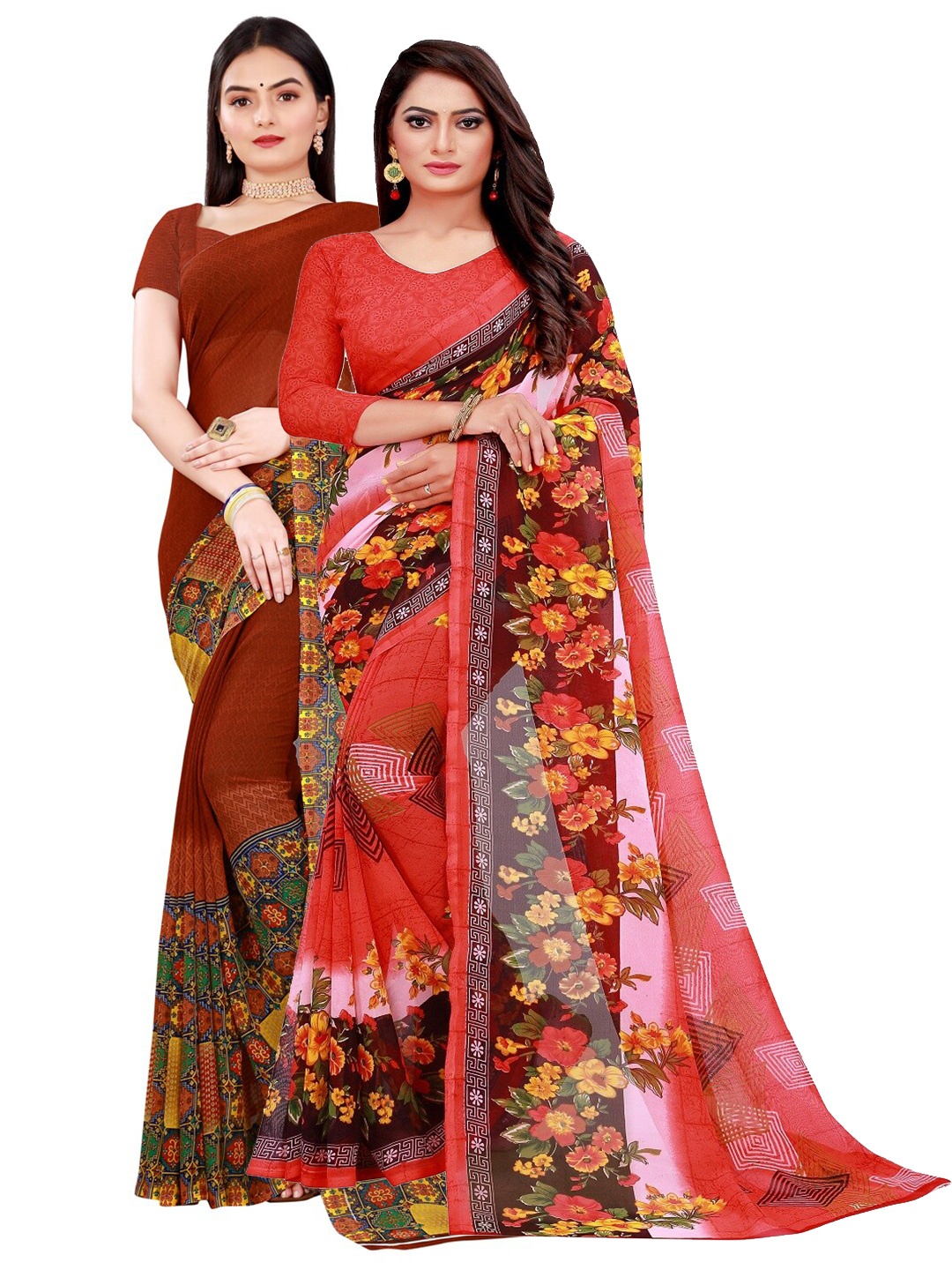 

KALINI Brown & Red Floral Pure Georgette Saree