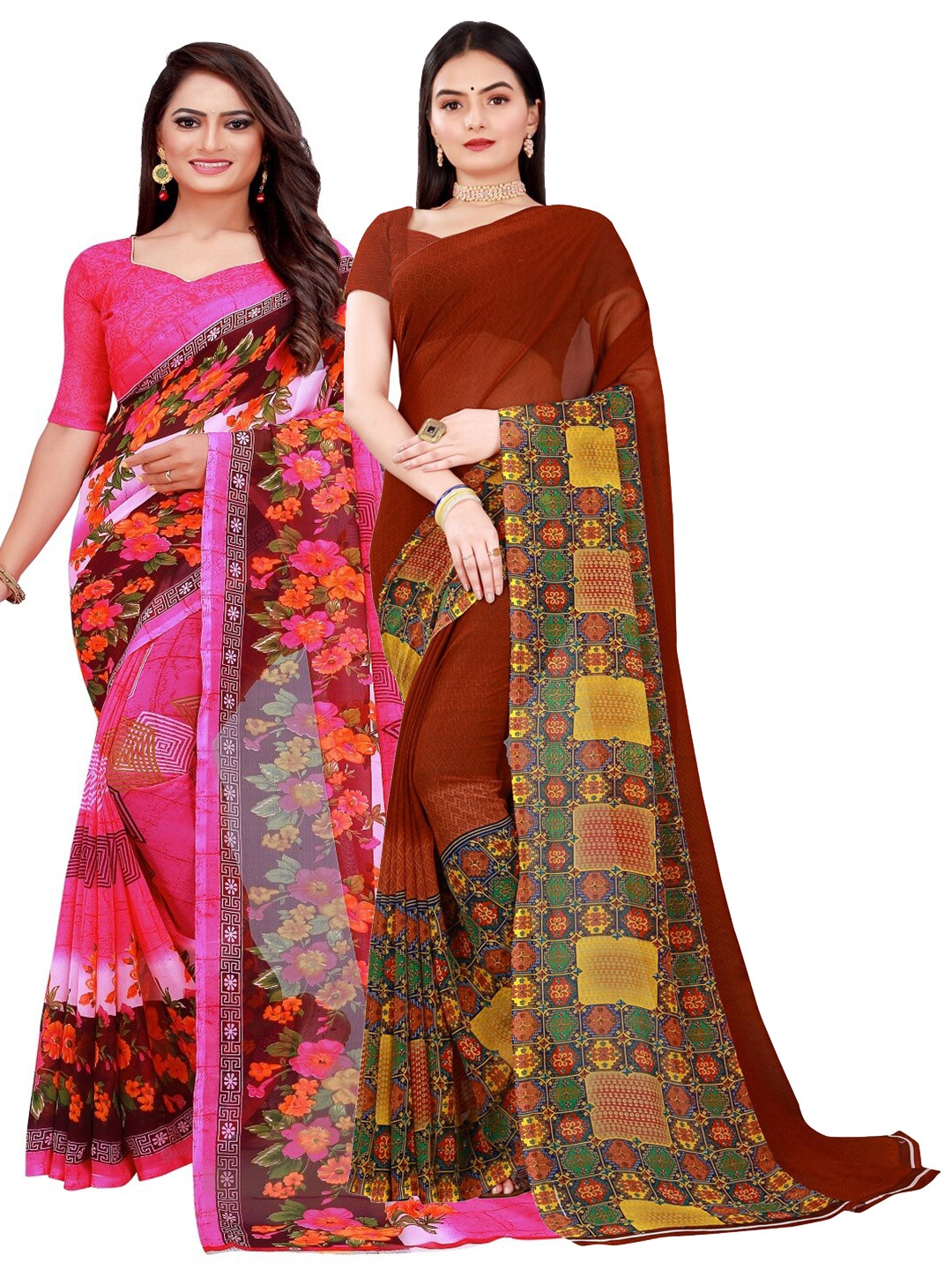 

KALINI Brown & Pink Pure Georgette Saree