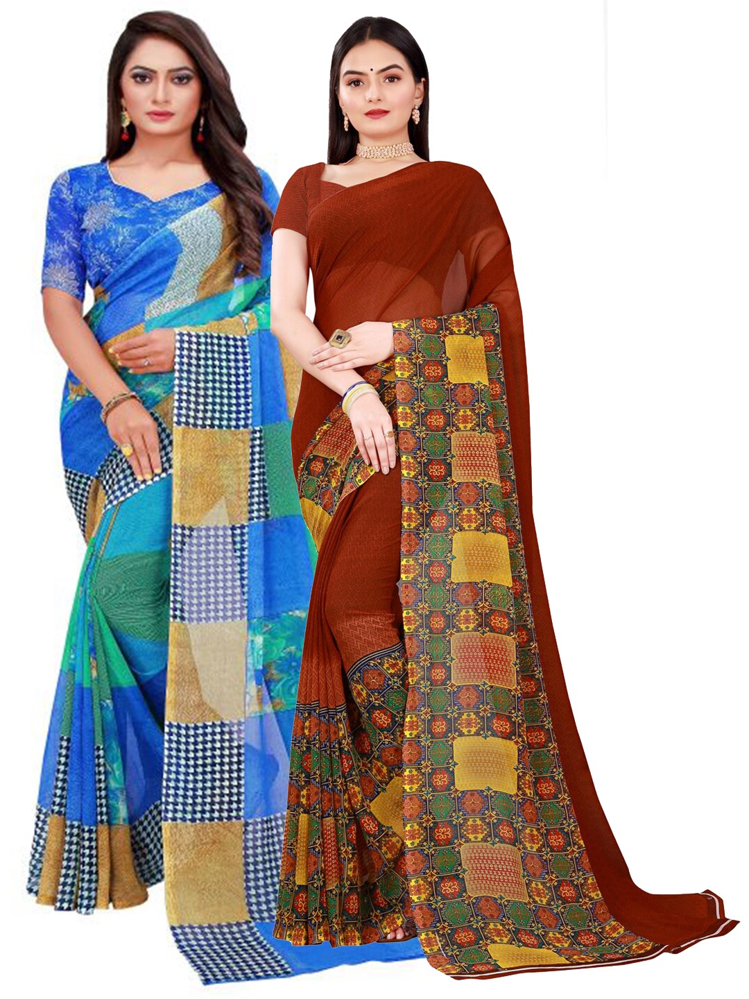 

KALINI Blue & Rust Pure Georgette Saree